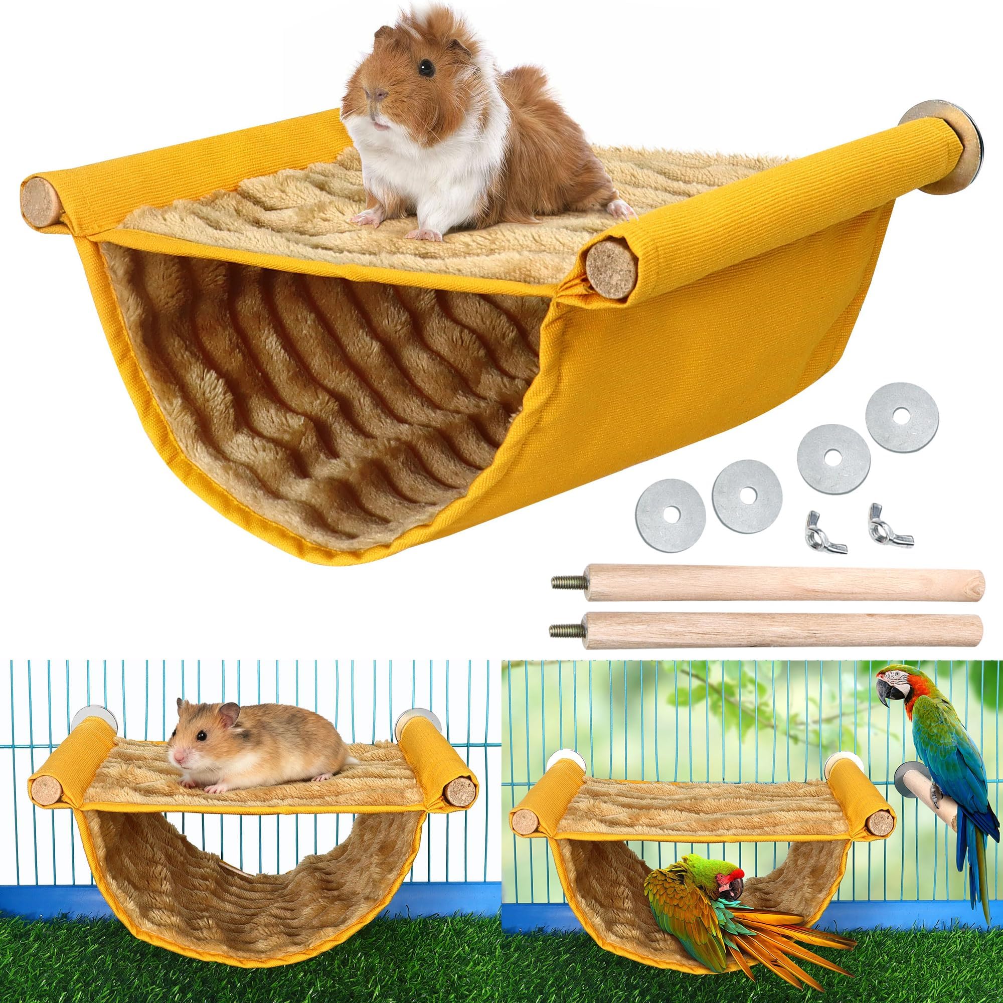 Rat Hammock, Rat Cage Accessories, 2 Layers Hamster Hammock for Cage Guinea Pig Hanging Plush Warm Bed Pet Hideout Swing Toy Accessories for Ferret Chinchilla Parrot Playing Sleeping (Yellow)