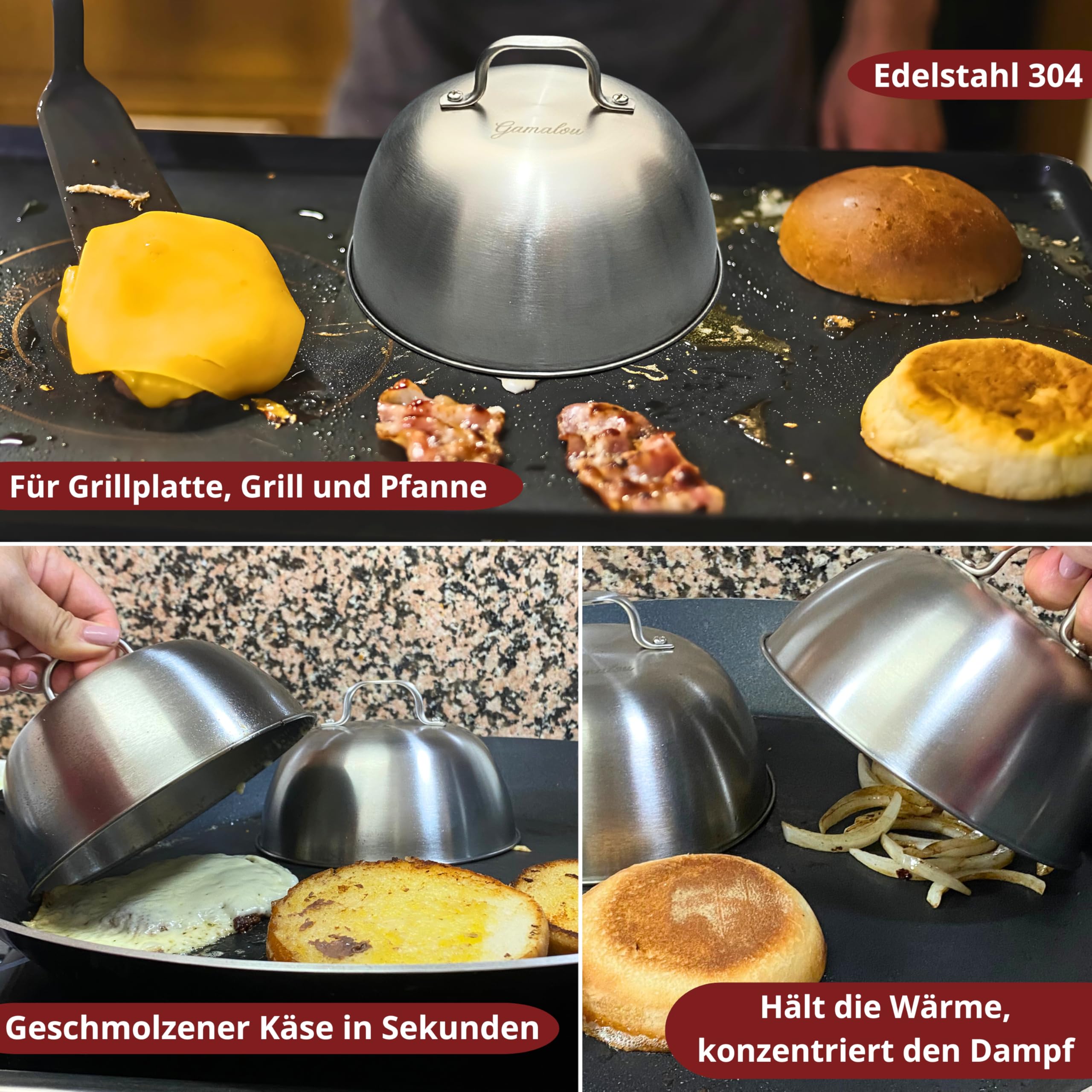 Edelstahl Smash Burgerpresse Set: Burger Smasher mit Grillspachtel 13 cm, Schaber 10 cm, 2 Burgerglocken, Gewürzstreuer & Eierringe für Grill, Grillplatte und Pfanne - EU-zertifiziert