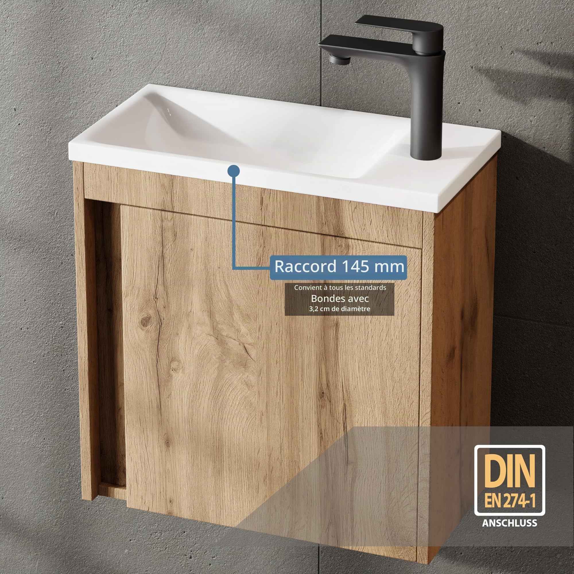 Planetmöbel Ensemble de Meubles de Salle de Bain 2 pièces Lavabo avec Meuble sous Vasque 50 x 48,3 x 24,8 cm Chêne Wotan, Meuble sous lavabo avec Vasque à Poser Blanche