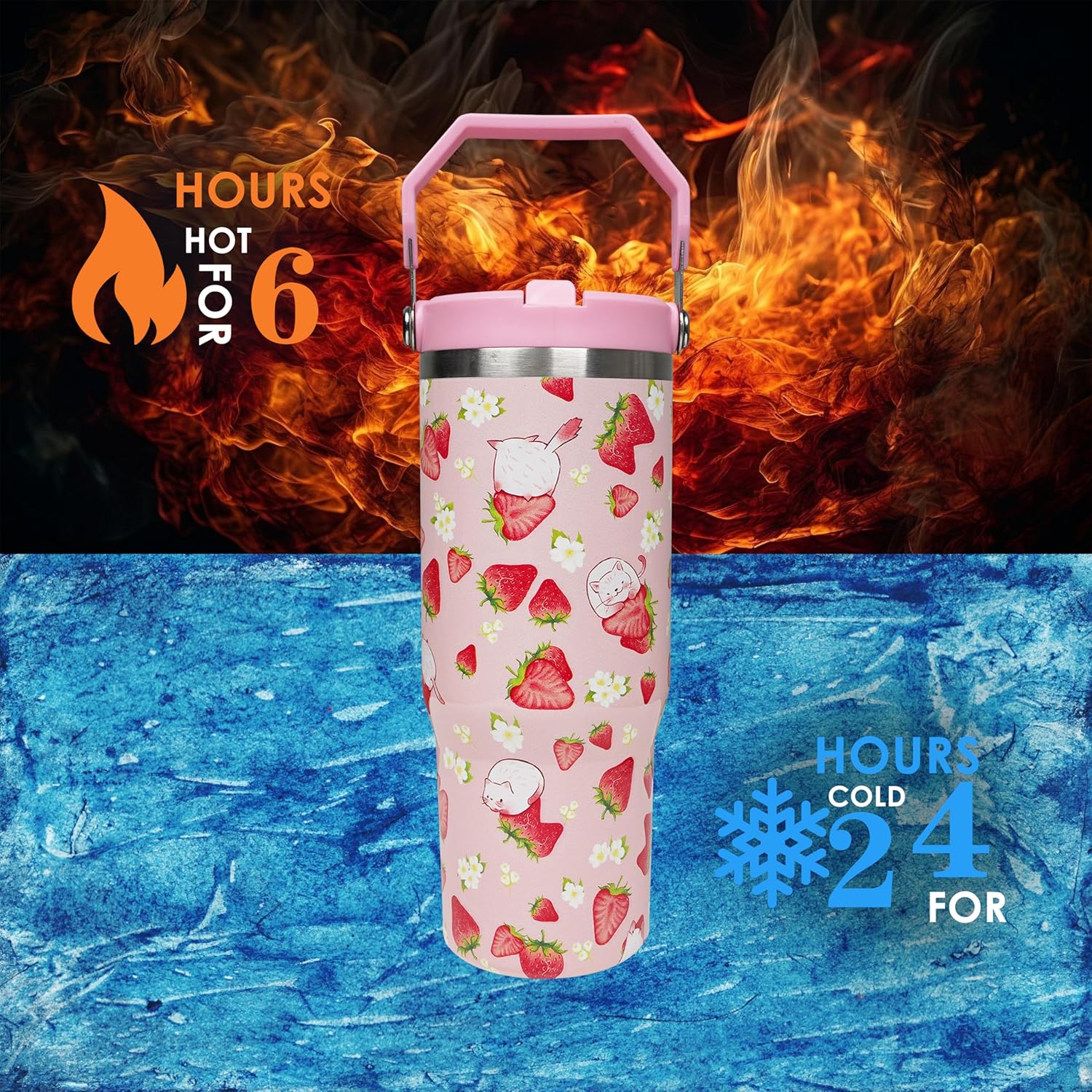 30 oz Strawberry Flip Straw Tumbler with Top Handle for Strawberry Lover Insulated Resuable Vacuum Tumbler with Flip Straw and Handle for Home Office Car Dishwasher Safe Pink Strawberry - Image 5