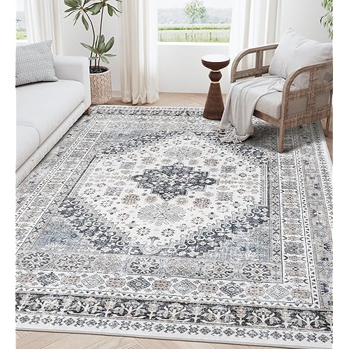 5x7 Area Rugs for Living Room,Stain Resistant Washable Rug,Non-Slip Backing Rugs for Bedroom,Kitchen,Printed Vintage Home Decor Rug (Grey/Beige, 5'x7')