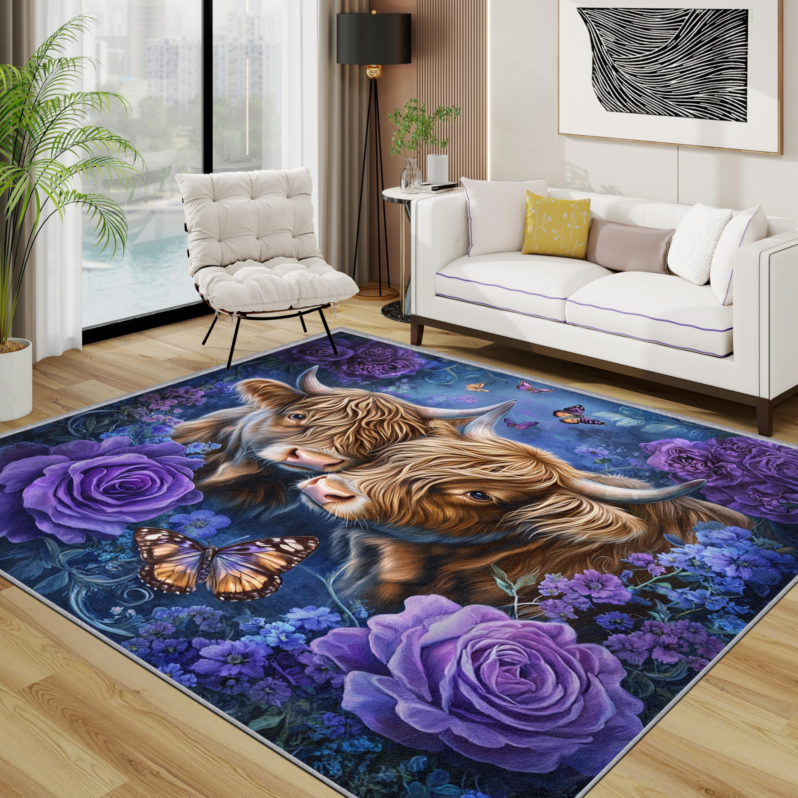 TerroVee Highland Cow Area Rugs for Living Room 120x180 - Rose Floral Farm Animal Rug for Bedroom, Farmhouse Rustic Cattle Non Slip Washable Short Pile Carpet, Highland Cow House Decor