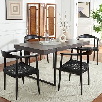 SAFAVIEH Home Collection Wade Black Teak Wood Arm Chair with Woven Leather Web Seat, Fully Assembled Mid-Century Modern Accent Chair (FOX1003B)