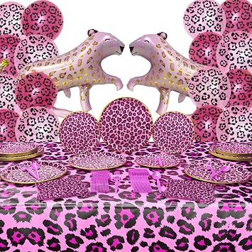 Pink Leopard Deluxe Party Supplies Pack 124 Pieces for 16 Guests - Cheetah Party Decorations, Two Wild Birthday for Girls - Blue Orchards