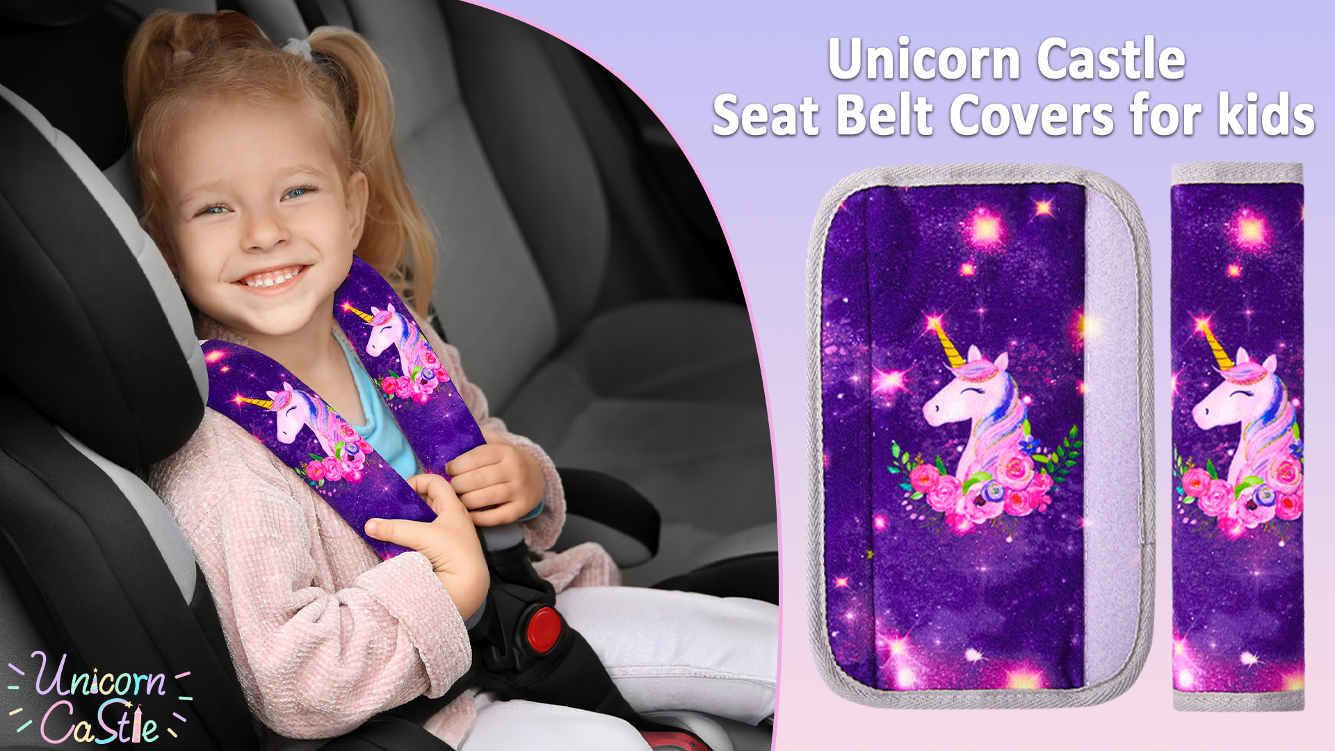 Coussin Ceinture Sécurité Licorne Violet – 2 Pièces – Confort Enfant Voiture & Poussette