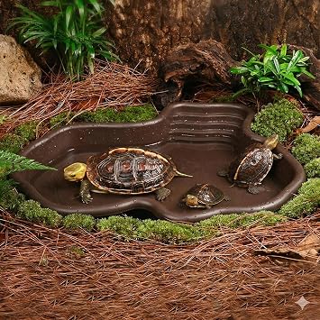 Extra Large Reptile Bathing Pool Reptile Feeding Dish Water Bowl with Ramp Aquarium Ornament for Gecko, Snake, Turtle, Bearded Dragon, Lizard Bath (Black)