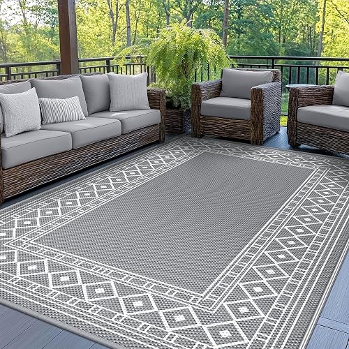 GENIMO Outdoor Rug, Waterproof Plastic Rugs for Patio, 5'x8' Grey White