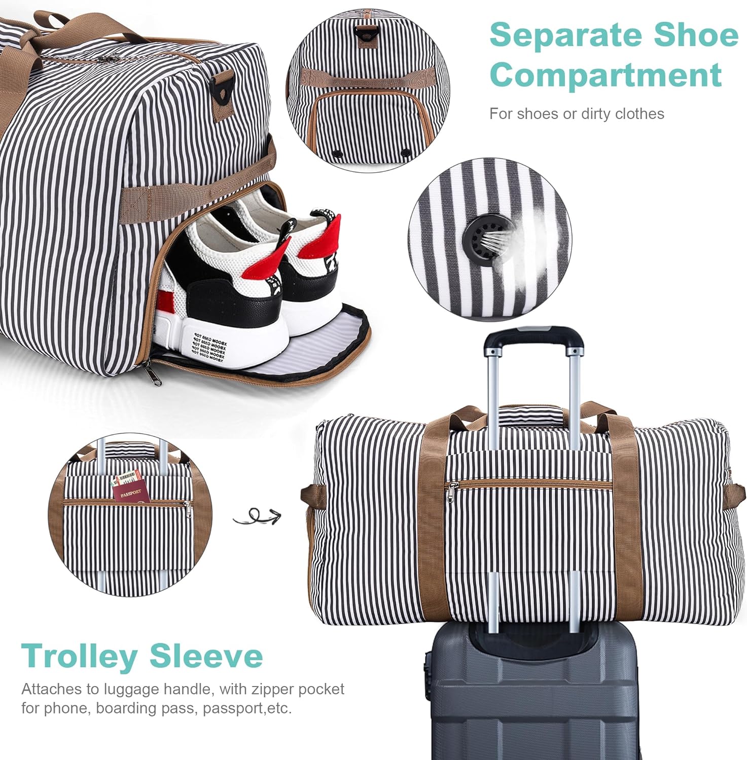 100L Duffle Bag for Travel, Large Foldable Waterproof Travel Duffel Bags Weekender Overnight Bag for Men and Women with Shoe Compartment (Stripe) - Image 5