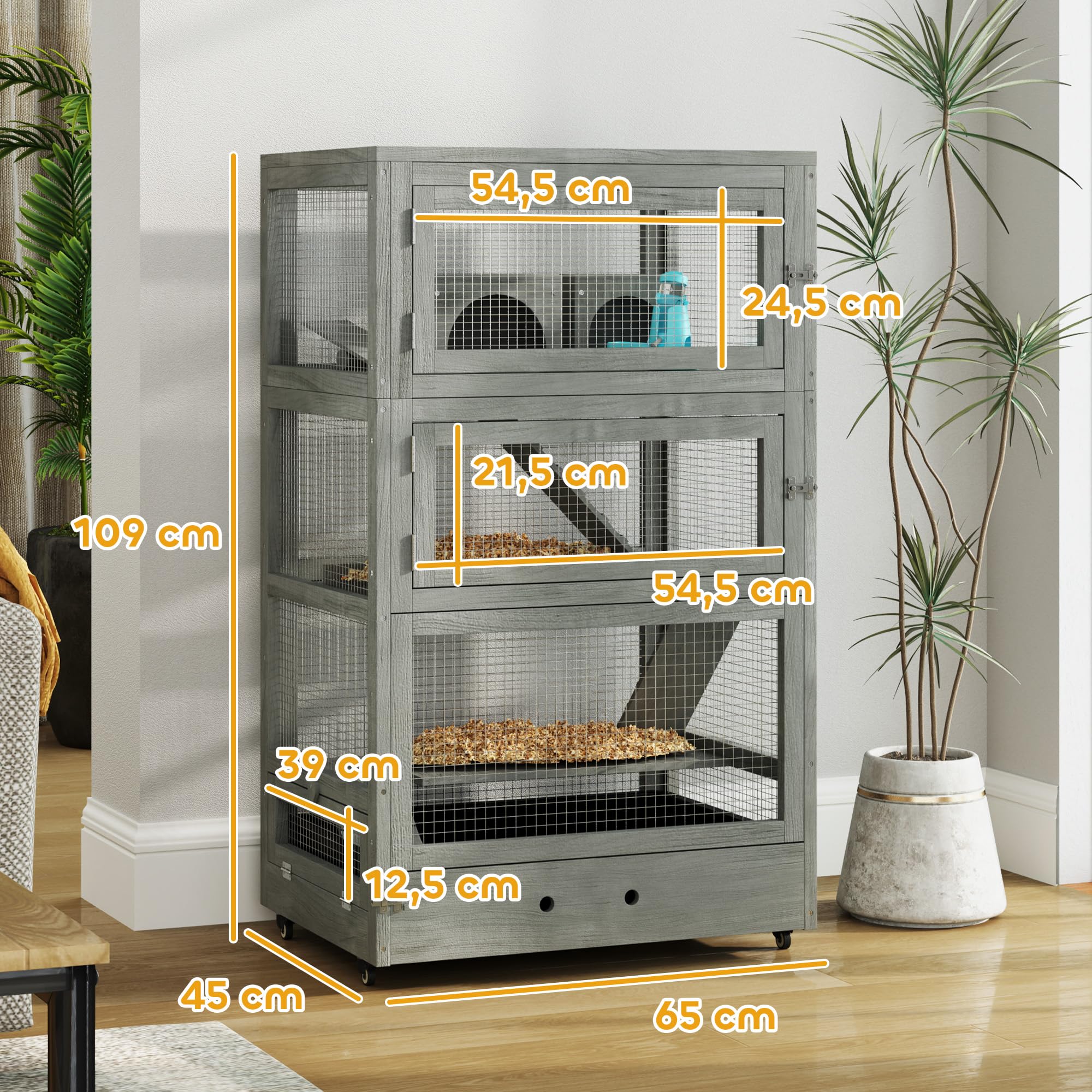 PawHut Jaula de Madera para hámster Enano, 65 x 45 x 109 cm Jaula para roedores con conejeras, balancín, Paleta, comederos, Jaula para Animales pequeños de 4 Niveles con Cerradura, rampas, Ruedas,