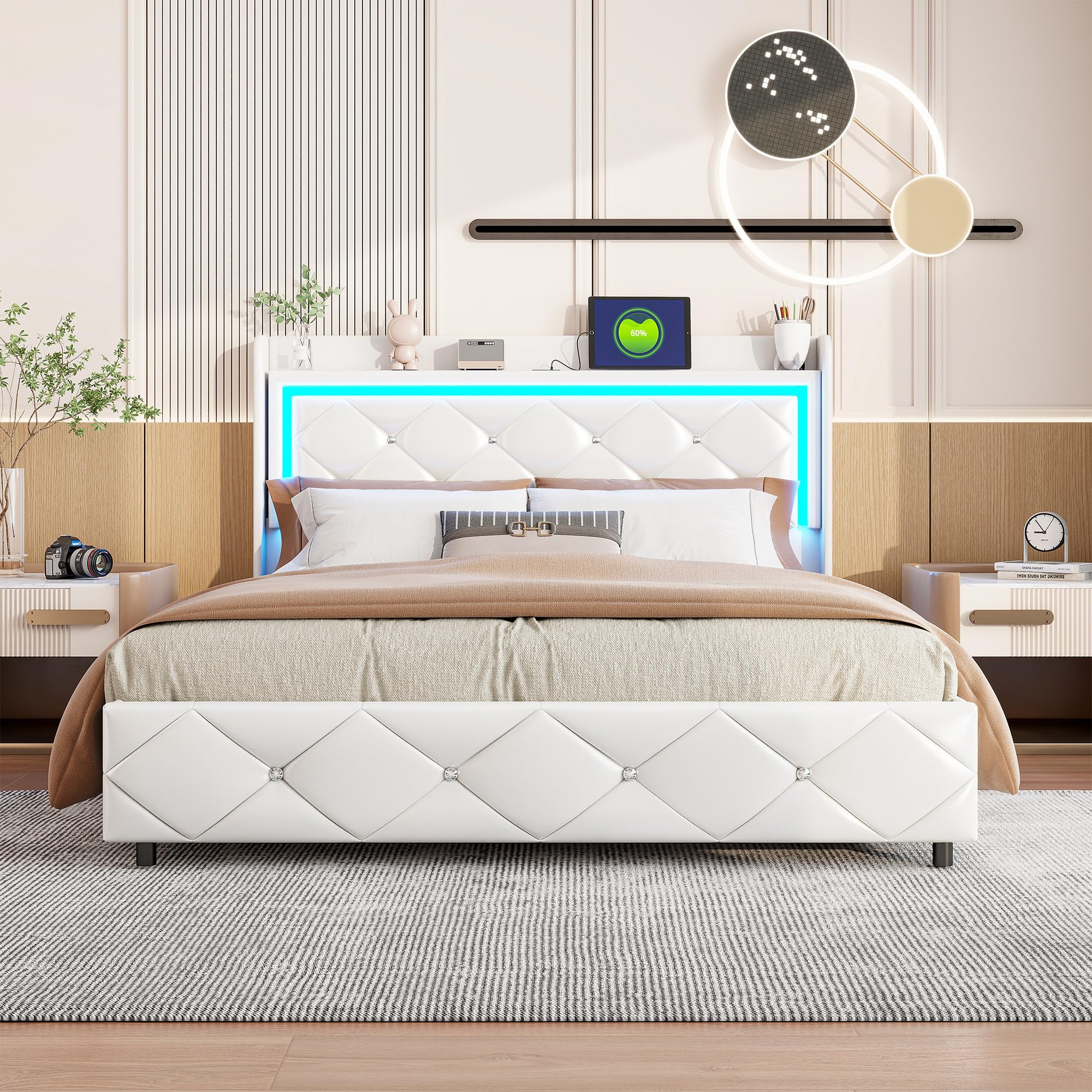 Letto baule 140 x 200 con rete a doghe LED e USB, letto matrimoniale 140 x 200 con contenitore e testiera per letti, letti imbottiti per 2 persone, telaio del letto 140 x 200 cm, pelle PU