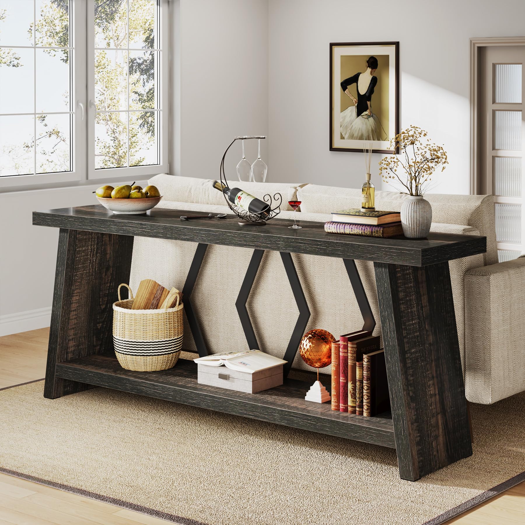 Tribesigns 70.86-Inch Long Sofa Table for Living Room, 2-Tier Narrow Console Table with Storage, Wood Foyer Entryway Couch Table for Hallway, Entrance (Dark Gray)