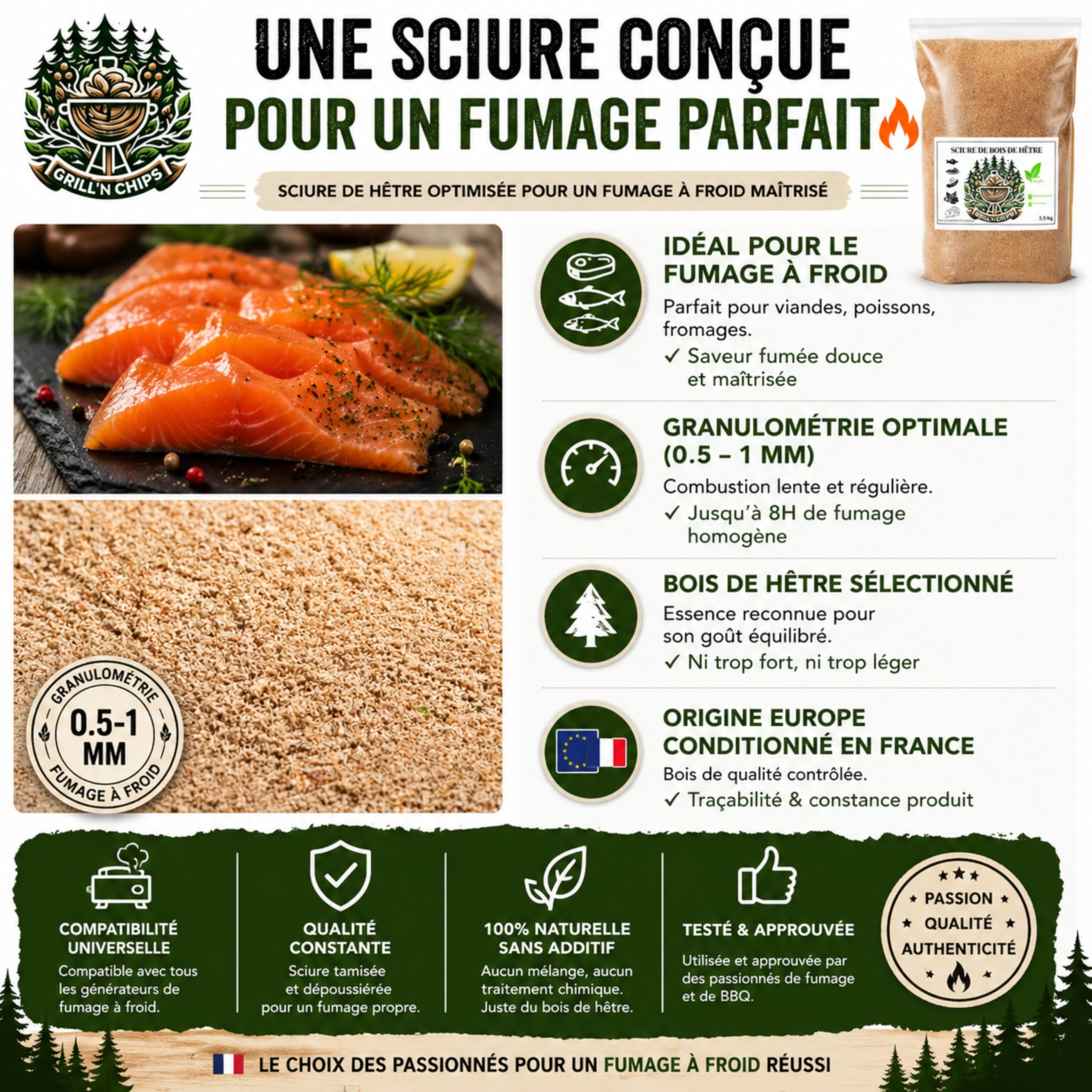 Sciure de Bois de Hêtre 4Kg – Qualité Pro pour Fumage à Froid – 100% Naturelle – Granulométrie 0,5-1 mm – Générateur de Fumée, Fumoir Viande & Poisson – Fabriquée en France – Guide PDF à Télécharger