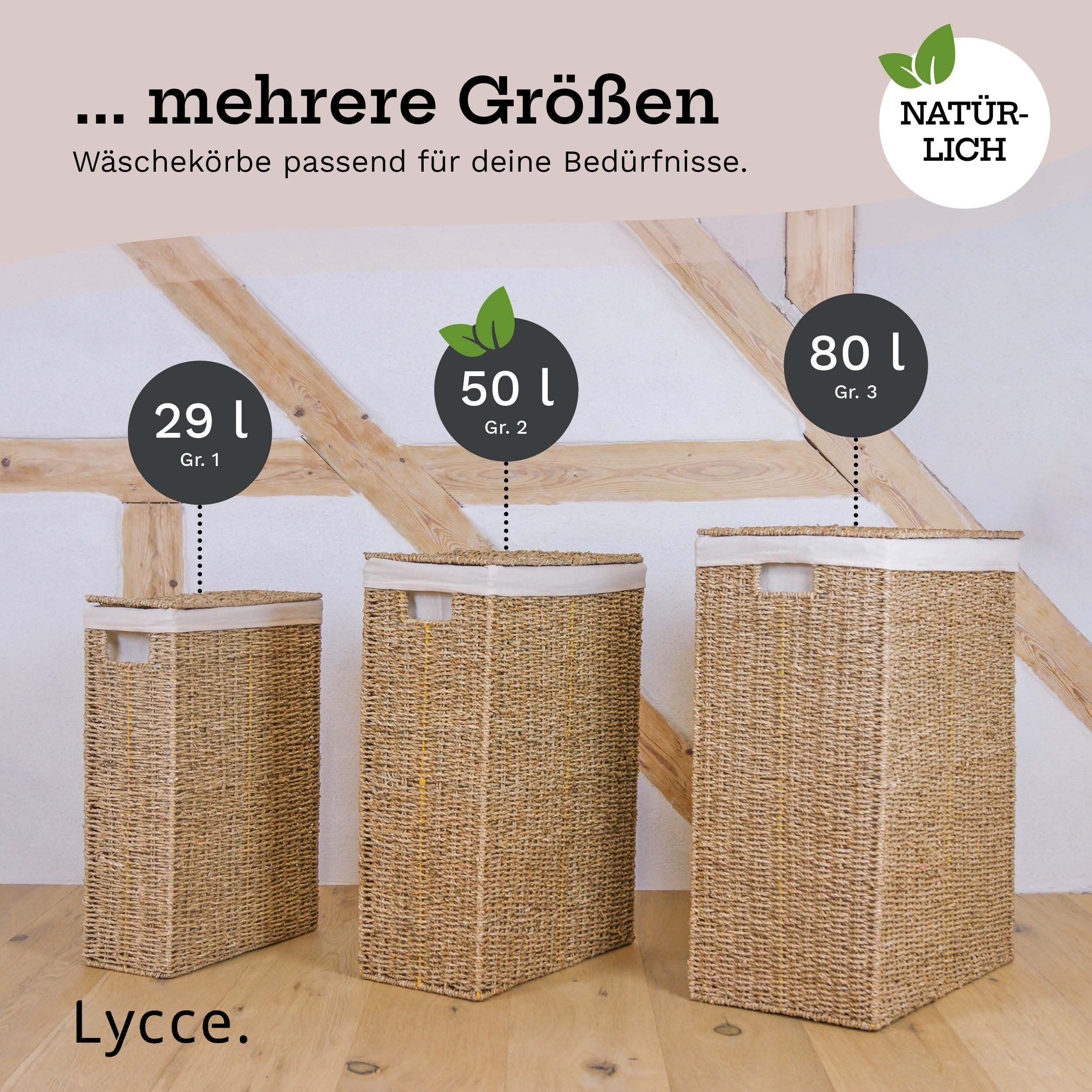 Lycce Wäschekorb schmal 50l, mit Deckel u. Henkel, Nischenwäschekorb Gr. 2