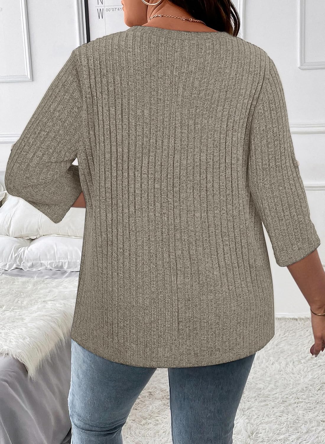 Koscacy Women Plus Size V Neck 3/4 Roll Sleeve Sweater Casual Knit Tops Solid Color Blouses - Image 2