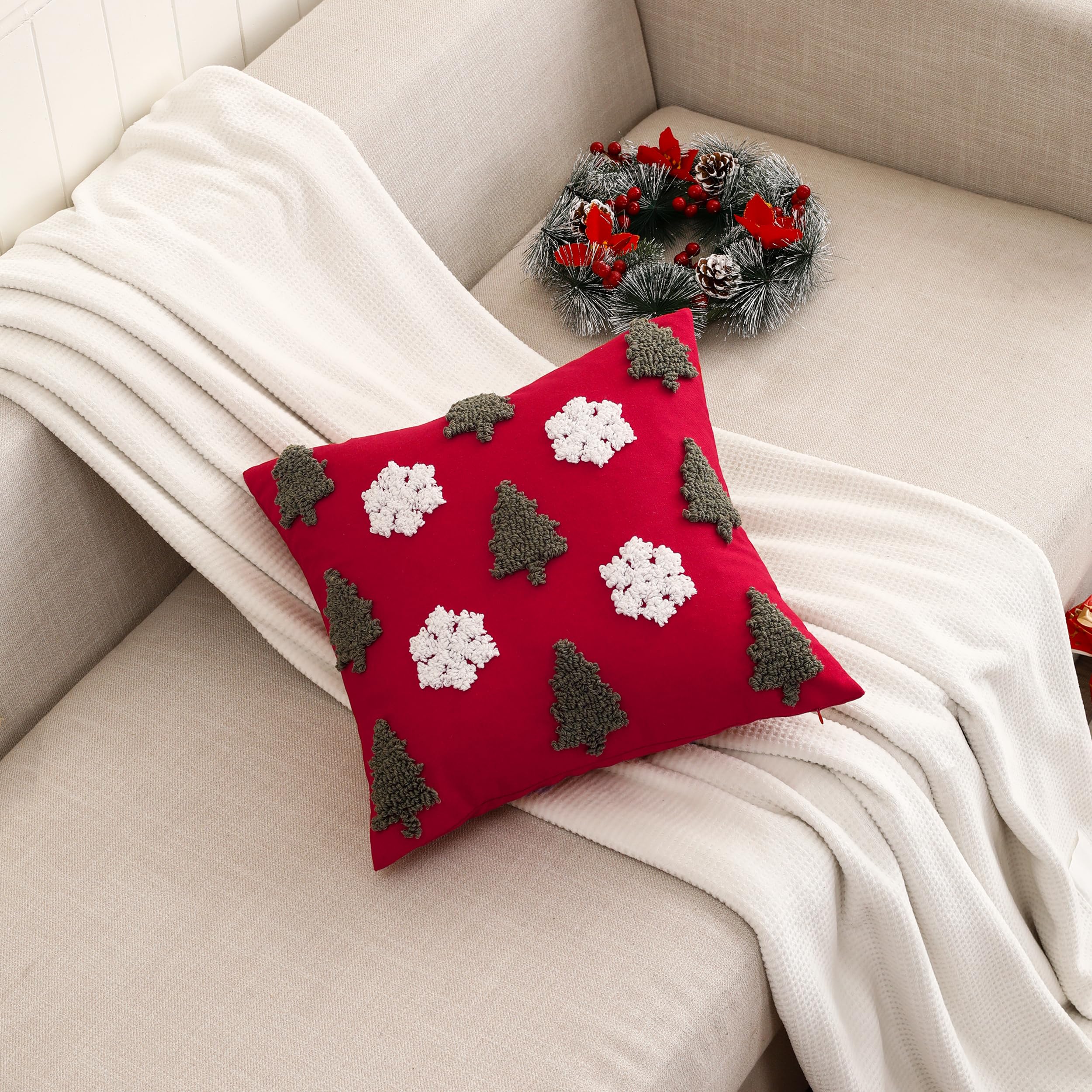 Tosleo Set of 2 Christmas Cushion Cover Cotton Linen Christmas Tree and Snowflake Tufted Deco 18 x 18 inch Pillowcase Merry Xmas Winter Decorative for Sofa Bed Chair Living Room Home Xmas Decor - Image 4