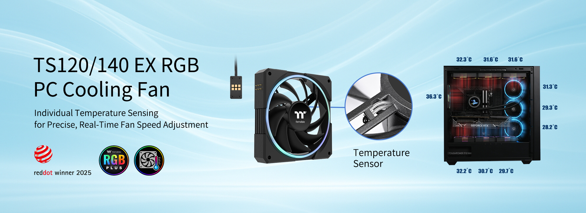 Image of Thermaltake TS140 EX RGB 140mm; Embedded Temperature Sensor; PWM 500~2000 RPM; MagForce 2.0; Airflow 93.35 CFM; Hydraulic Bearing; TT RGB Plus 3.0; Controller Included; 3-Pack; Black; CL-F208-PL14SW-A