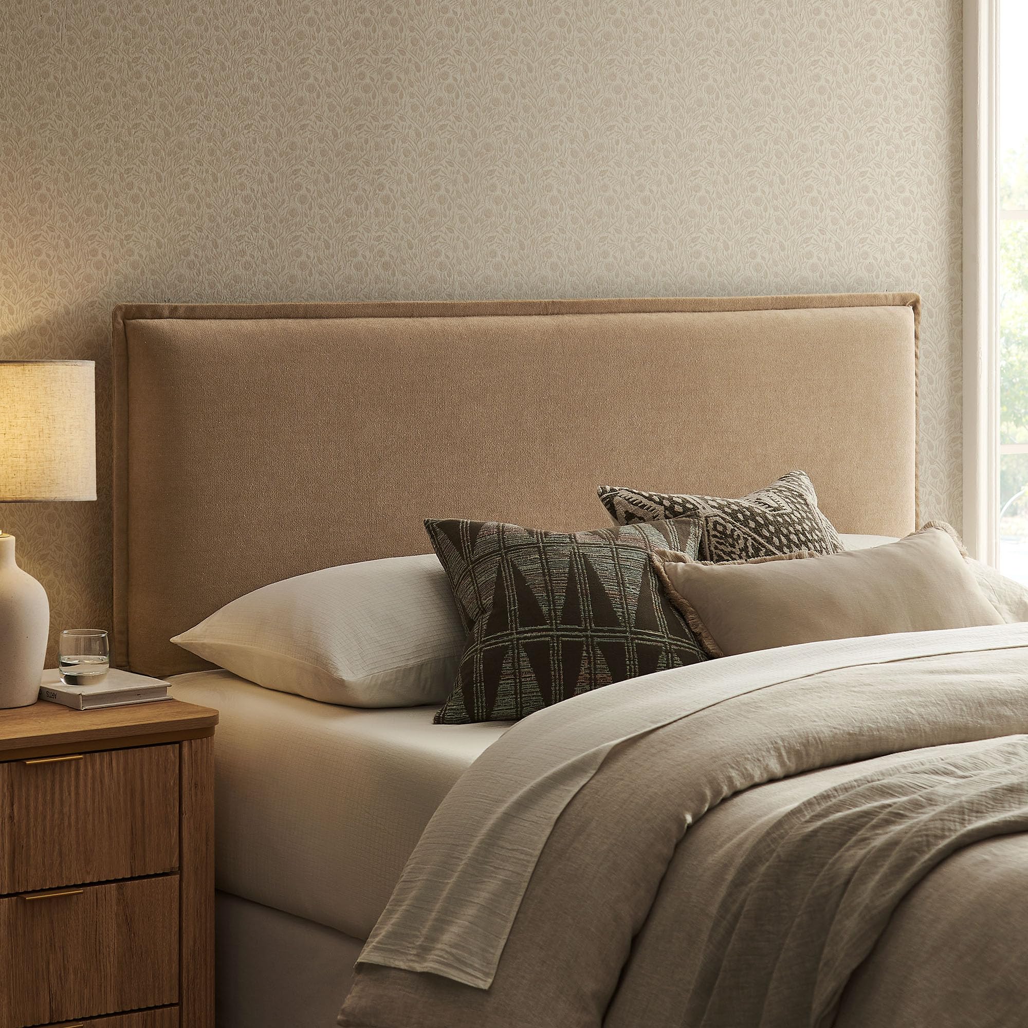 Photo 1 of ***STOCK PHOTO FOR REFERENCE ONLY*** Modway Camille Queen Size Upholstered Linen Blend Headboard with Removable Slipcover – in Almond - Padded Pillow Style Headboard with Adjustable Mounting for Queen Beds