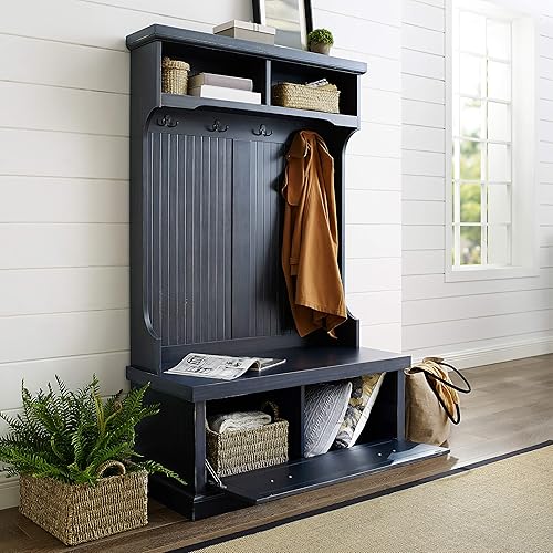 Miniatura 9 de Crosley Furniture Árbol de pasillo con zapatero y ganchos para colgar abrigos, color azul marino envejecido
