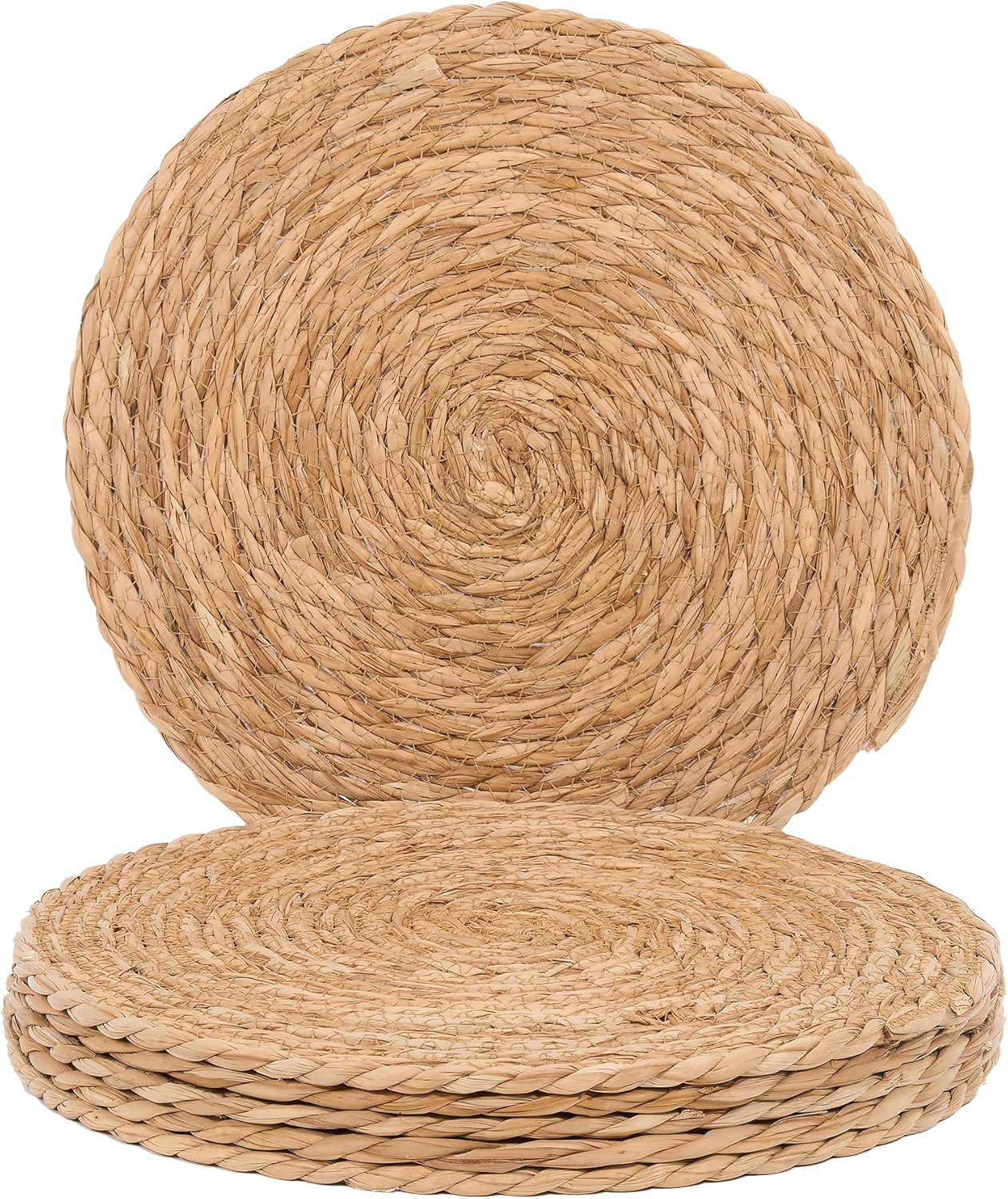 genmous woven placemats set of 6, 12" round placemats natural water hyacinth boho placemats, farmhouse rattan chargers for dinner plates, rustic braided wicker table mats for dining table,home,wedding 12inch, set of 6