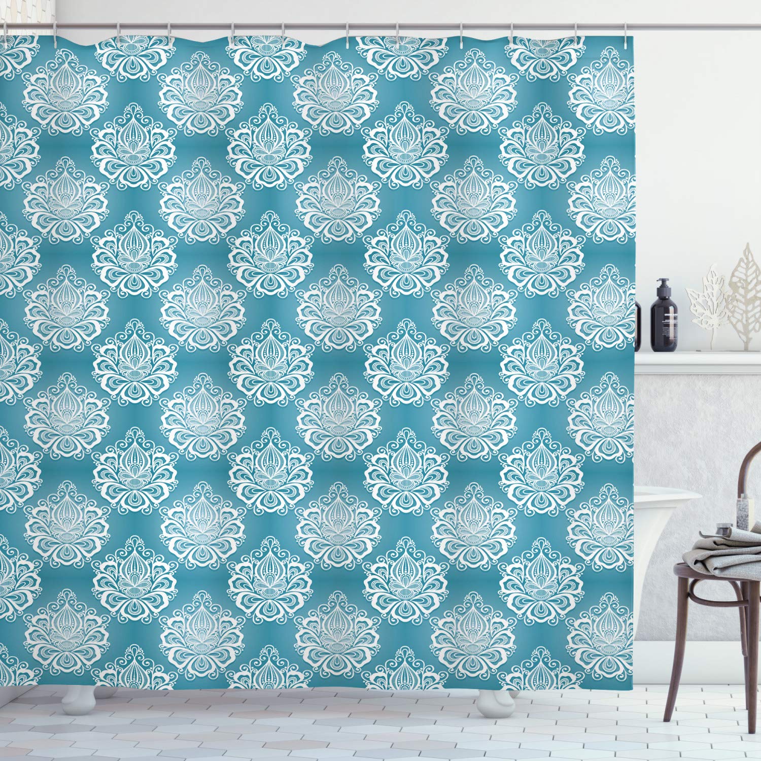 ABAKUHAUS Blue and White Shower Curtain, Damask Art Flowers with Baroque Curlicues Victorian Garden Inspiration, Cloth Fabric Bathroom Decor Set with Hooks, 70 Inches, Blue and White