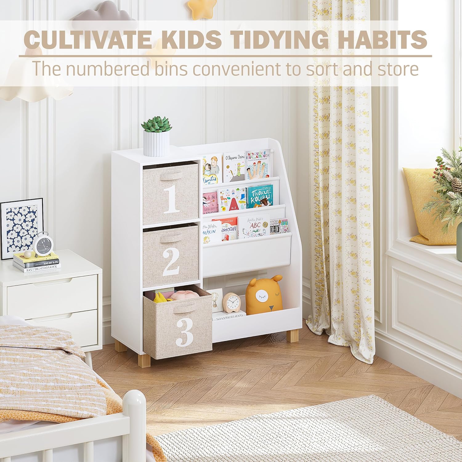 Spirich Kids Bookshelf with Storage Bins, Children Cube Storage Organizer, Montessori 3-Tier Book Display Rack, Book Shelf for Kids Rooms, Playroom, Nursery, White - Image 8