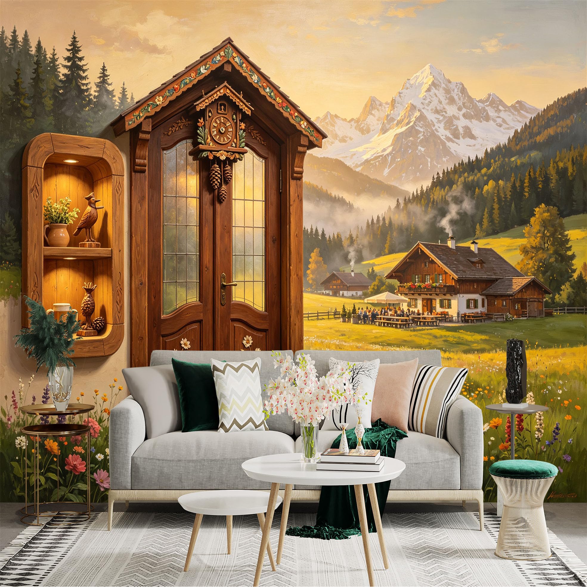 Custom Size Wall Sticker Mural， Rustic Mountain Cottage， Alpine Meadow， Wooden Cabin Door， Countryside Landscape， for wall Decoration， peelandstick wall Decals.
