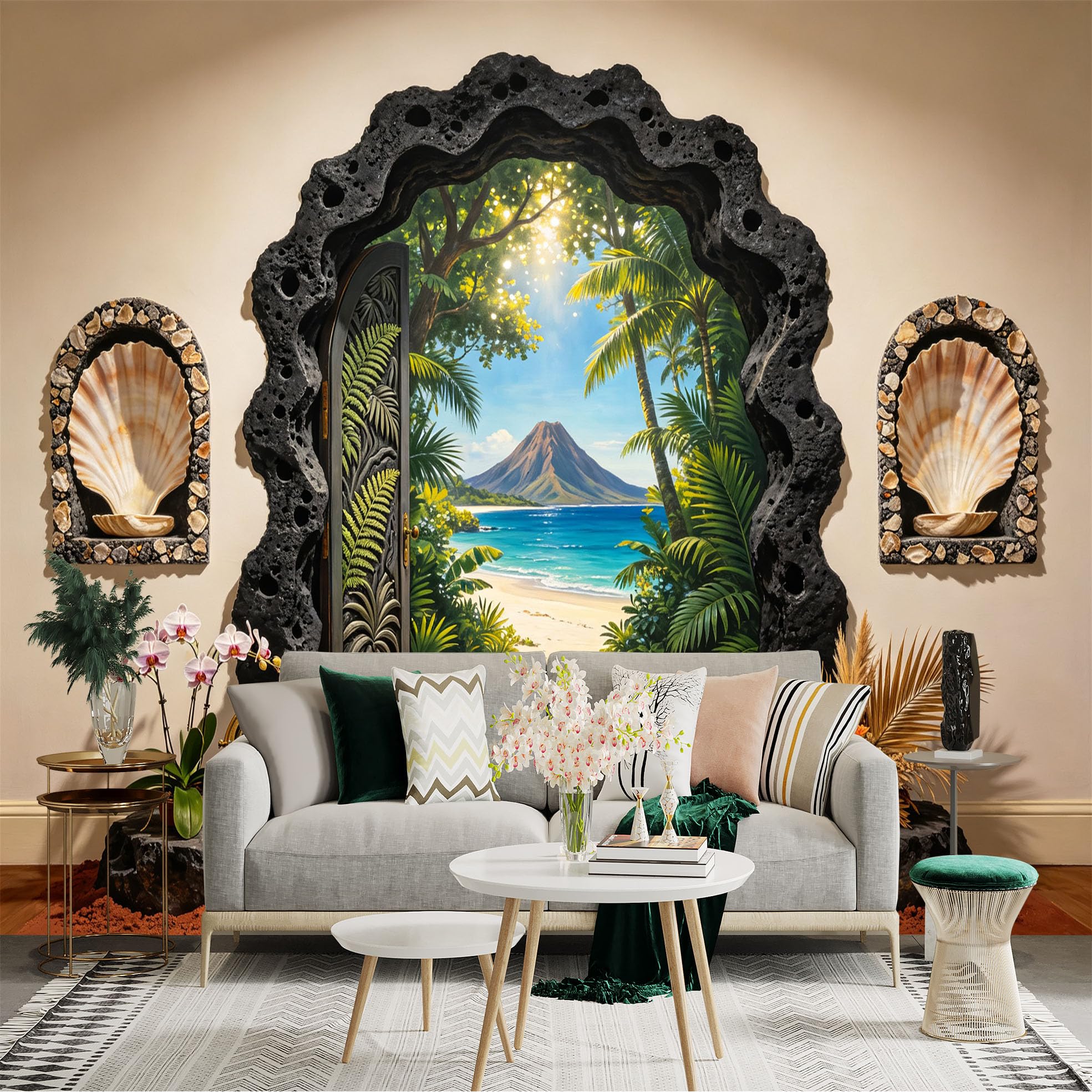 Custom Size Wall Sticker Mural， Tropical Beach Paradise， Palm Trees， Ocean View and Island Volcano， for wall Decoration， peelandstick wall Decals.