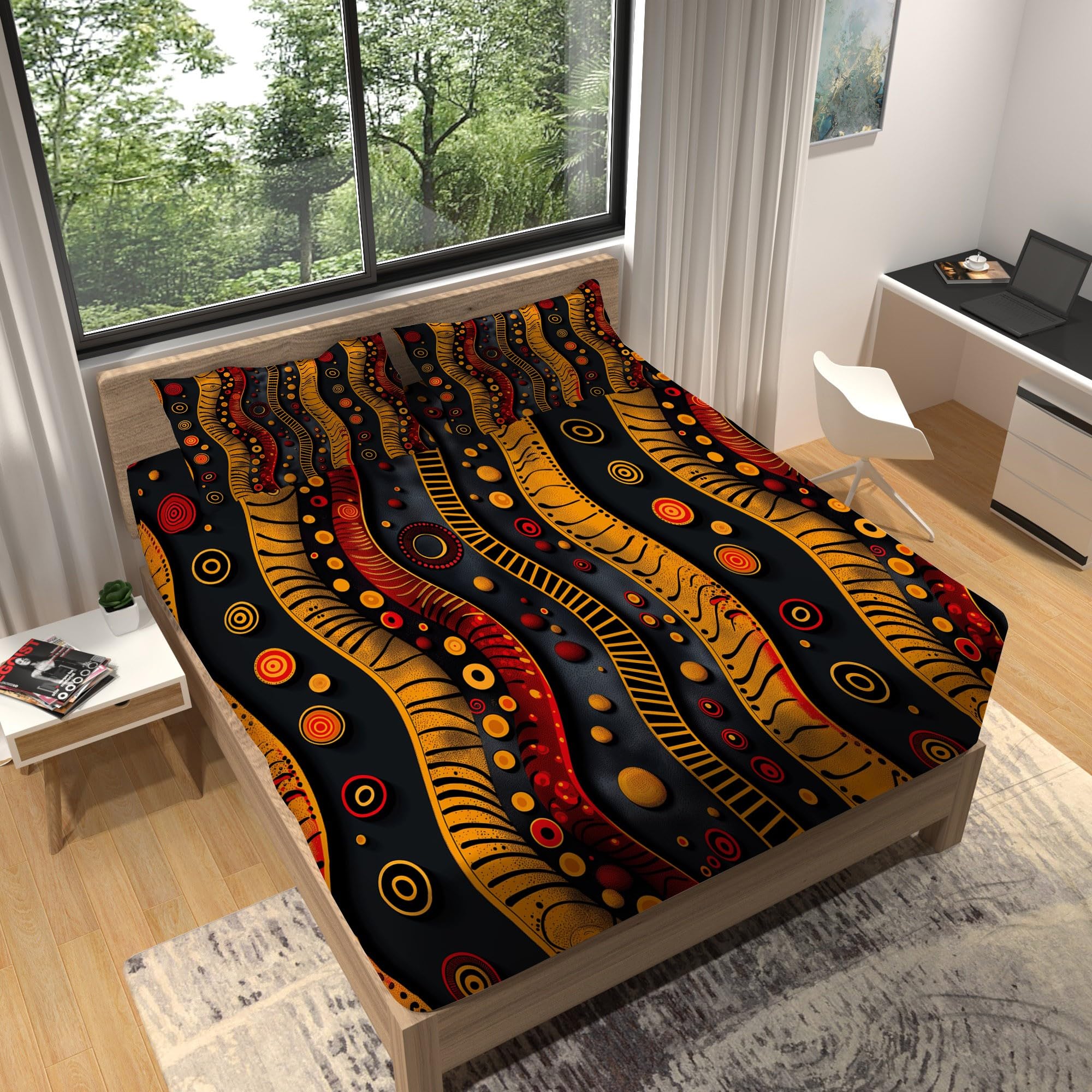 Prześcieradło z gumką 160 x 200 cm, tradycyjny wzór w paski, ochraniacz na materac z mikrofibry, antypoślizgowy design, na materace do 30 cm, czarno-żółte
