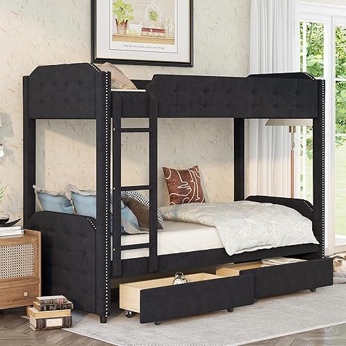 Miniatura 1 de ClassHouze Litera individual sobre individual tapizada con botones diseño de botones capitoné litera individual sobre individual litera de suelo