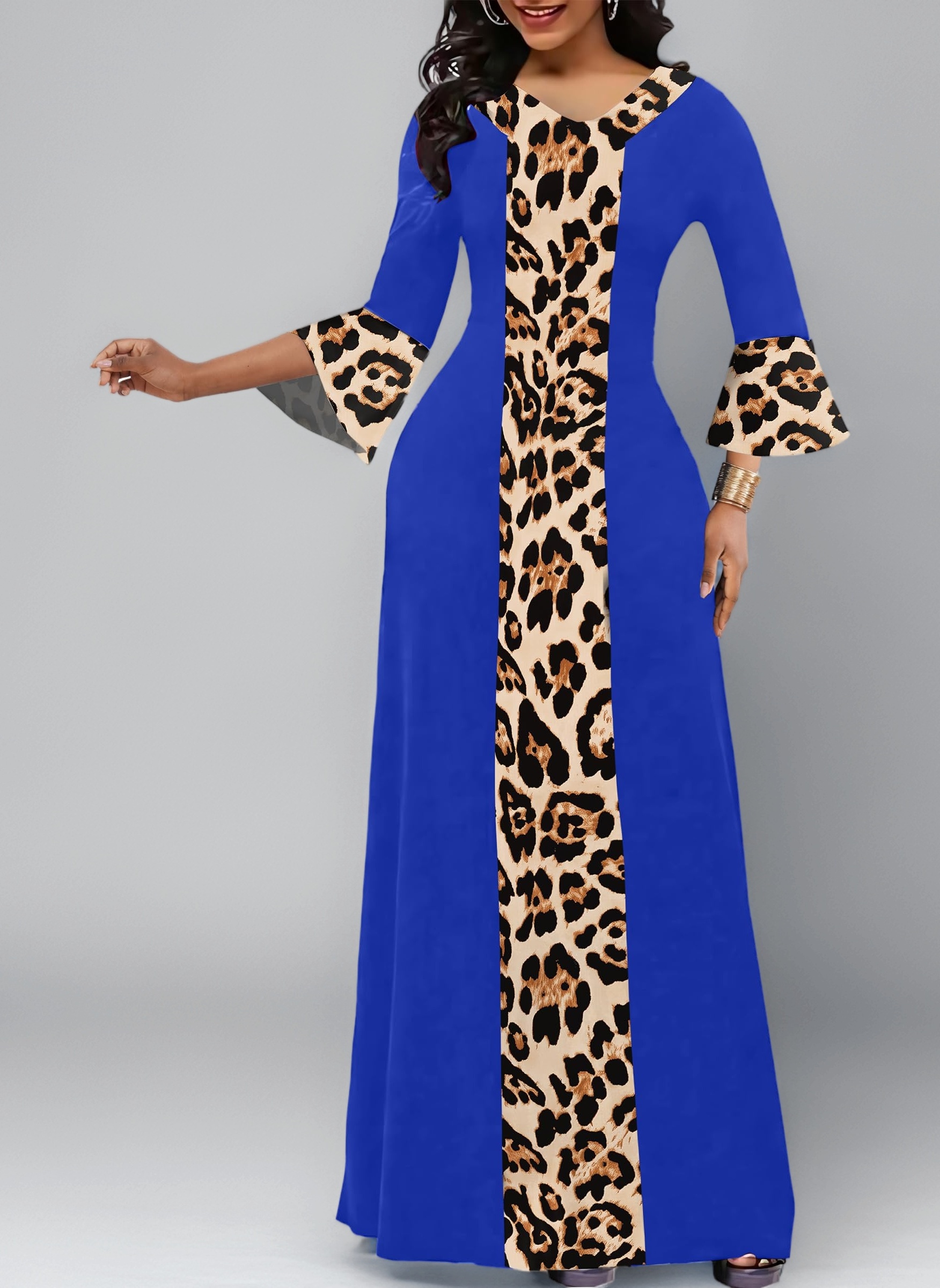 Elegant Maxi Long V-Neck Casual Dress for Women, Bell Sleeve African Print Dresses for Cocktail Party（M-3XL）