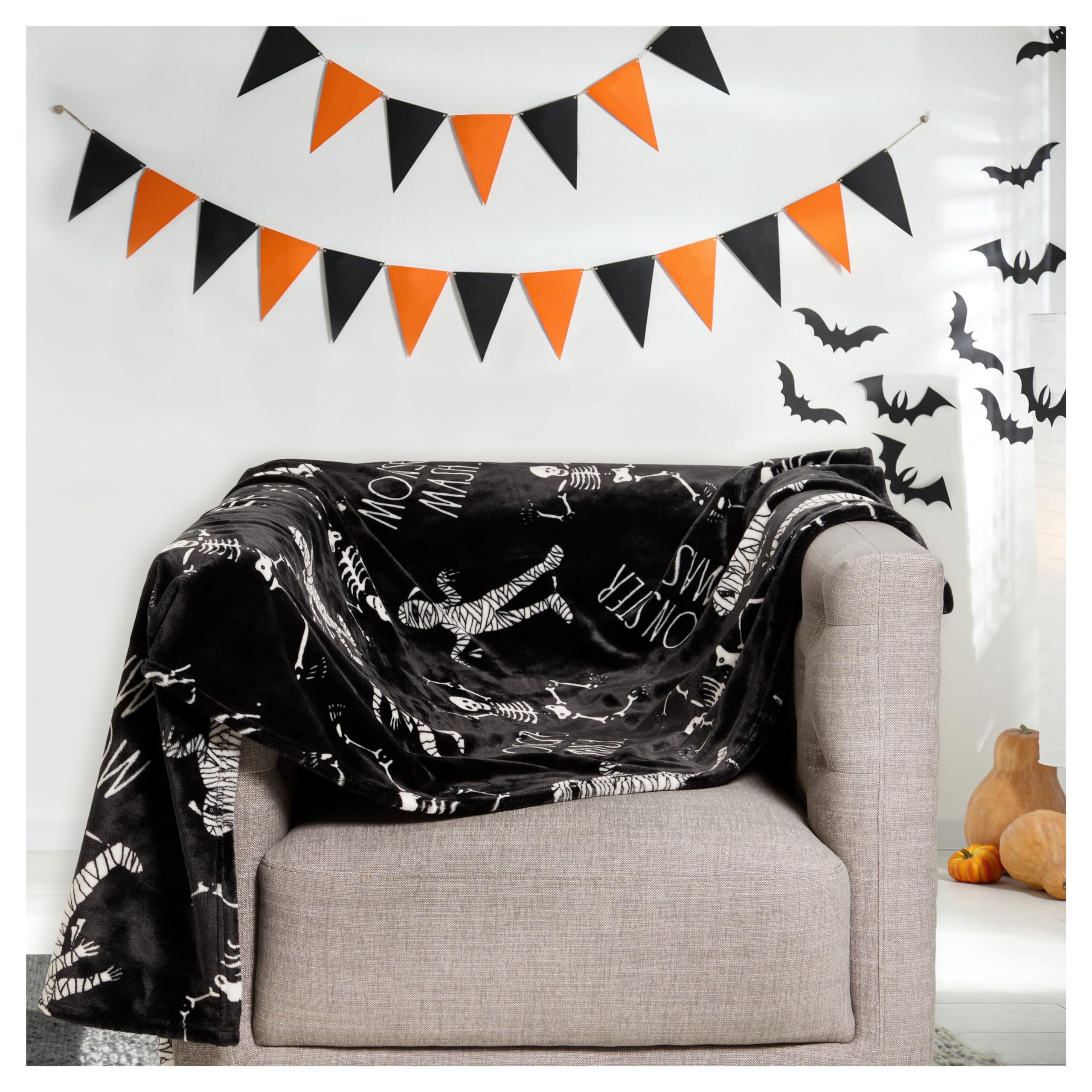 Rae Dunn Throw Blanket- Soft, Decorative Blankets for Bed or Couch, Cozy Throws for Sofa, Soft Plush Throw Embroidered Bones, 50 inches x 70 inches