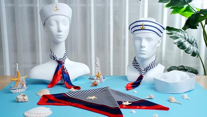SKHAOVS Captain Sailor Costume Set,Stripes Sailor Hat And Scarf