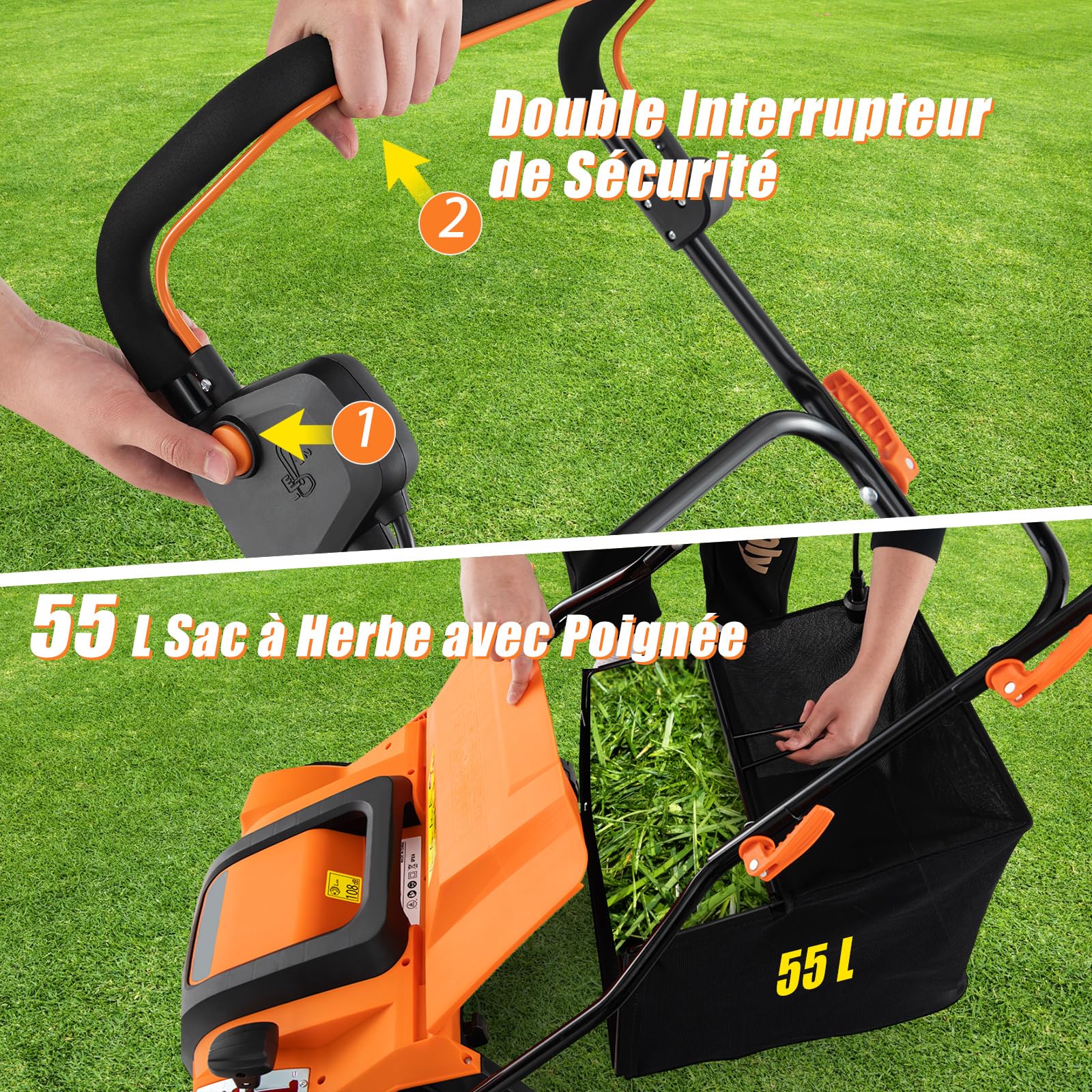 GOPLUS 2 en 1 Déchaumeuse Scarificateur Electrique 2000W, Largeur de Travail 40cm, 3500rpm, 5 Profondeurs Réglable, 3 Hauteurs Poignée, Sac 55L Amovible, Râteau Electrique Pliable Pelouse 800㎡(Orange)