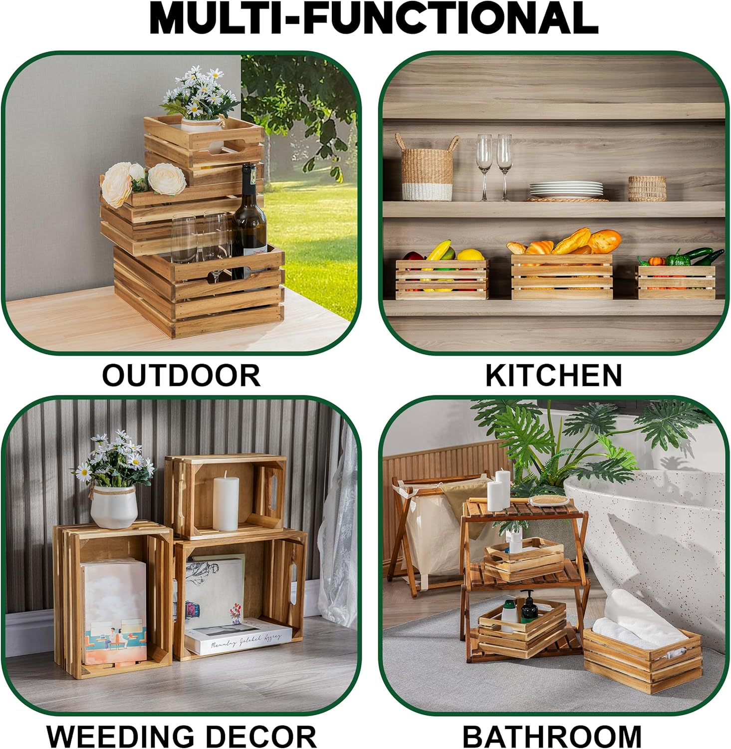 Nesting Wood Storage Crates (Set of 3) - Light Natural Acacia Wood Stackable Wooden Boxes for Storage & Organization - Decorative Wooden Basket Set for Fruits, Shelving & Home Decor