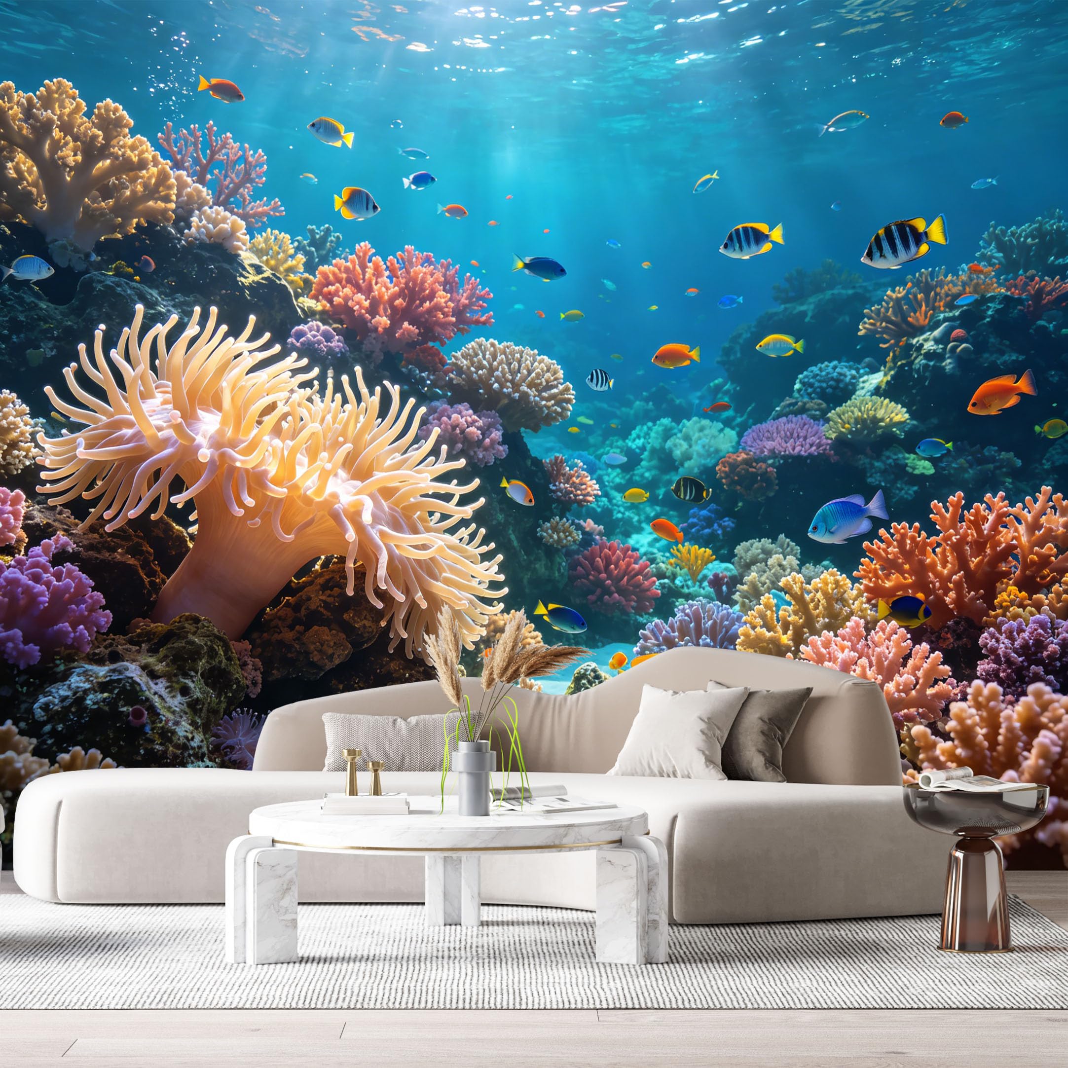 Custom Size Wall Murals Ocean Marine Tropical Coral Reef Colorful Exotic Fish Underwater Scenery SelfAdhesiveWall Fabric Removable Wallpaper Wall Decor for Living Room Bedroom Bathroom