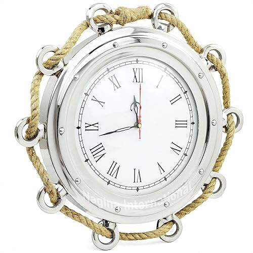 Miniatura 8 de Nagina International Reloj náutico de aluminio niquelado para decoración de pared marítima de pirata con cuerda de acento  Reloj de ojo de buey y