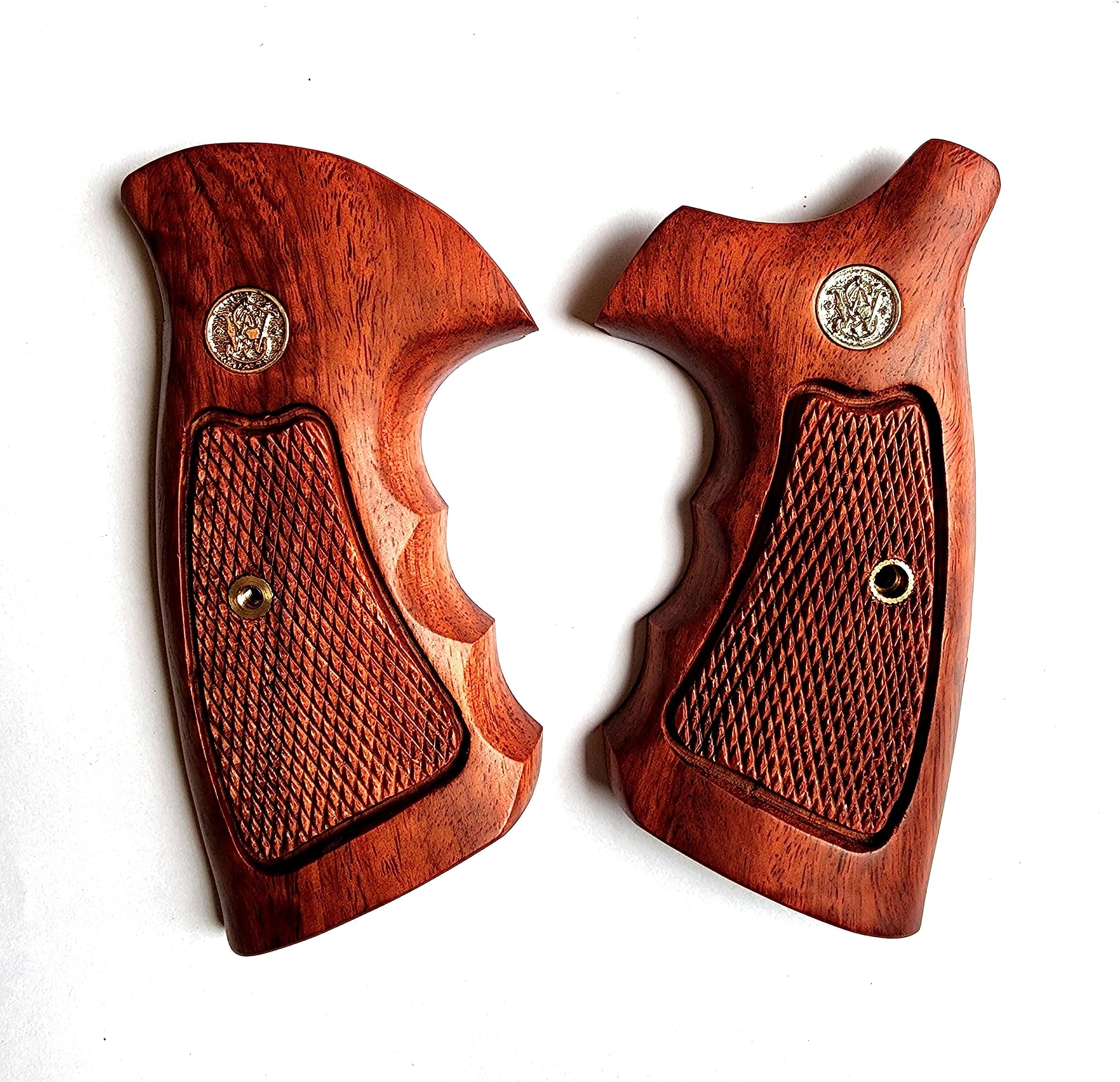 [BMPL] Hardwood Gun Grips Compatible with S&W N Frame Round Butt Open Back Checkered Handmade,Imported