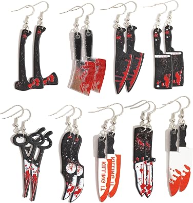 9 Pairs Halloween Earrings for Women Funky Spooky Quirky Earrings Bloody Knife Axe Dangle Earrings Creepy Acrylic Lightweight Acrylic Earrings Set Gifts Jewelry