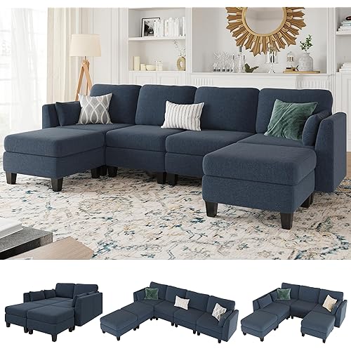 Modular Sectional Sofa, 6 Seaters Modular Sleeper Sofa Couch, Comfy Sectionals Couches Bed, Convertible Sofas with Ottomans, Sectional Couches for Living Room, Blue
