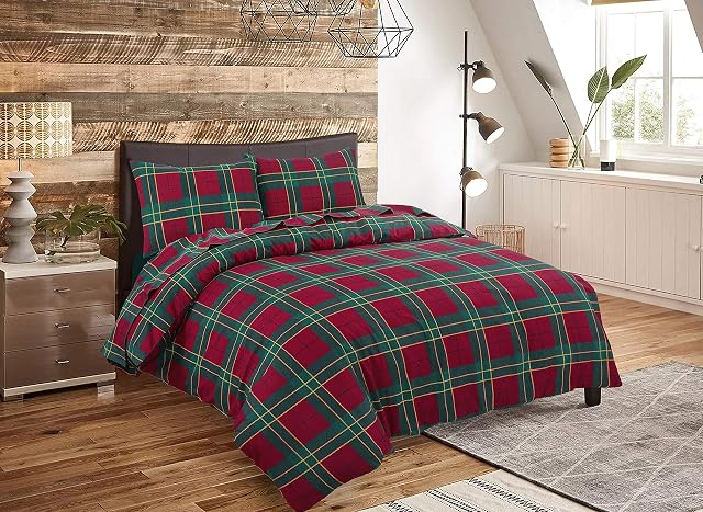 Rohi Duvet Cover and Pillowcase Set - 100% Cotton Tartan Flannelette Fleece Quilt Cover (Double, Red)