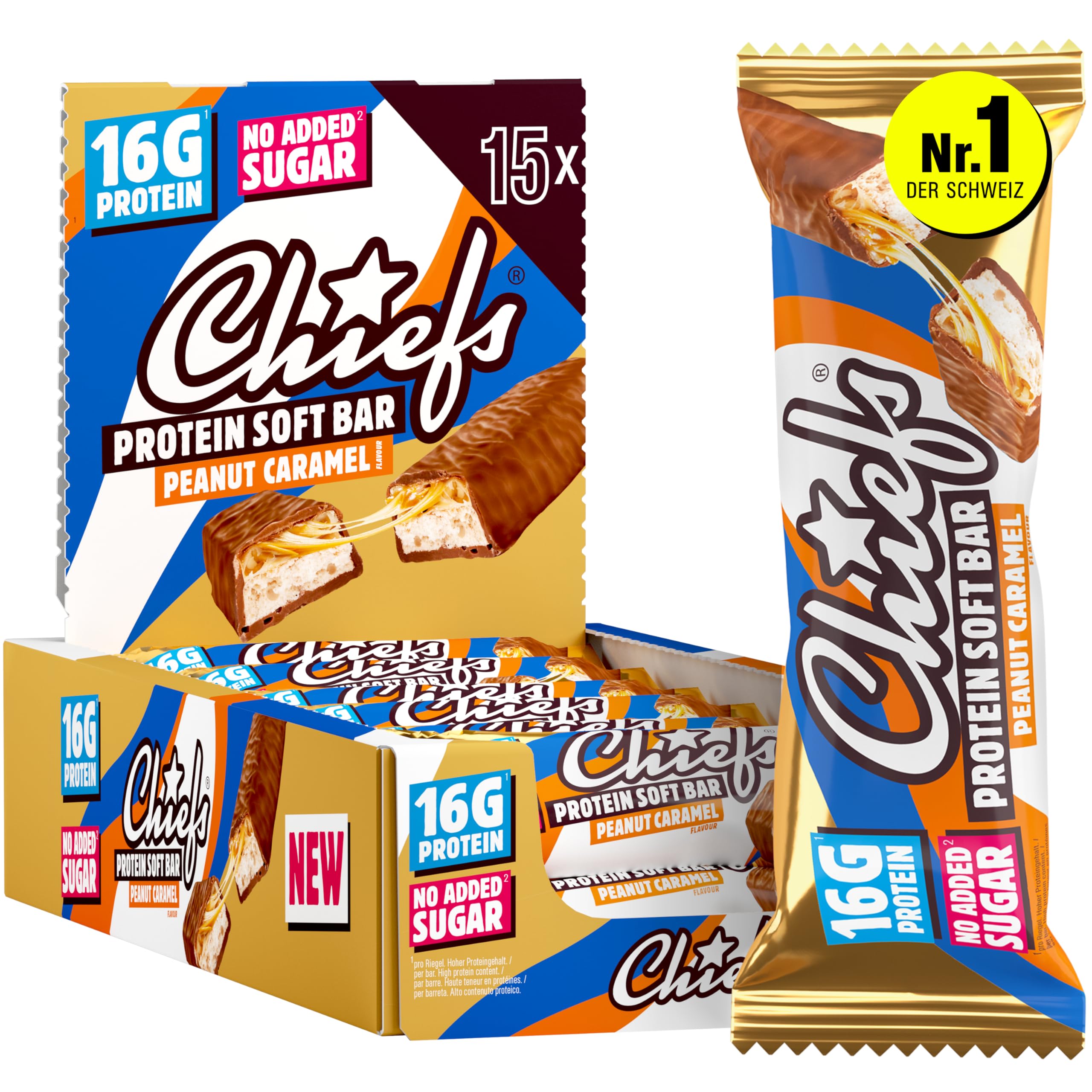 CHIEFS Soft Protein Riegel - 15er Box, High Protein Bar - Ohne Zuckerzusatz & kein Palmöl - Peanut Karamell - Fitness Snack - 15x55gr Eiweißriegel