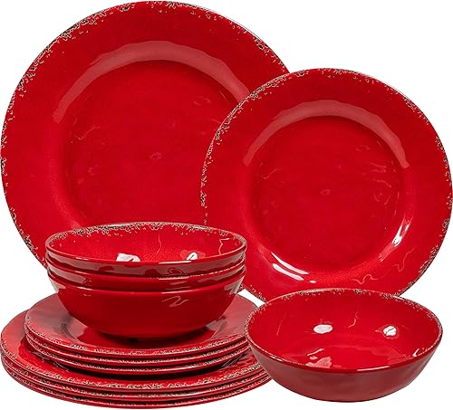 Miniatura 1 de Juego de vajilla de melamina de 12 piezas, servicio para 4 platos y cuencos rústicos agrietados, juego de platos de melamina para Navidad, boda,