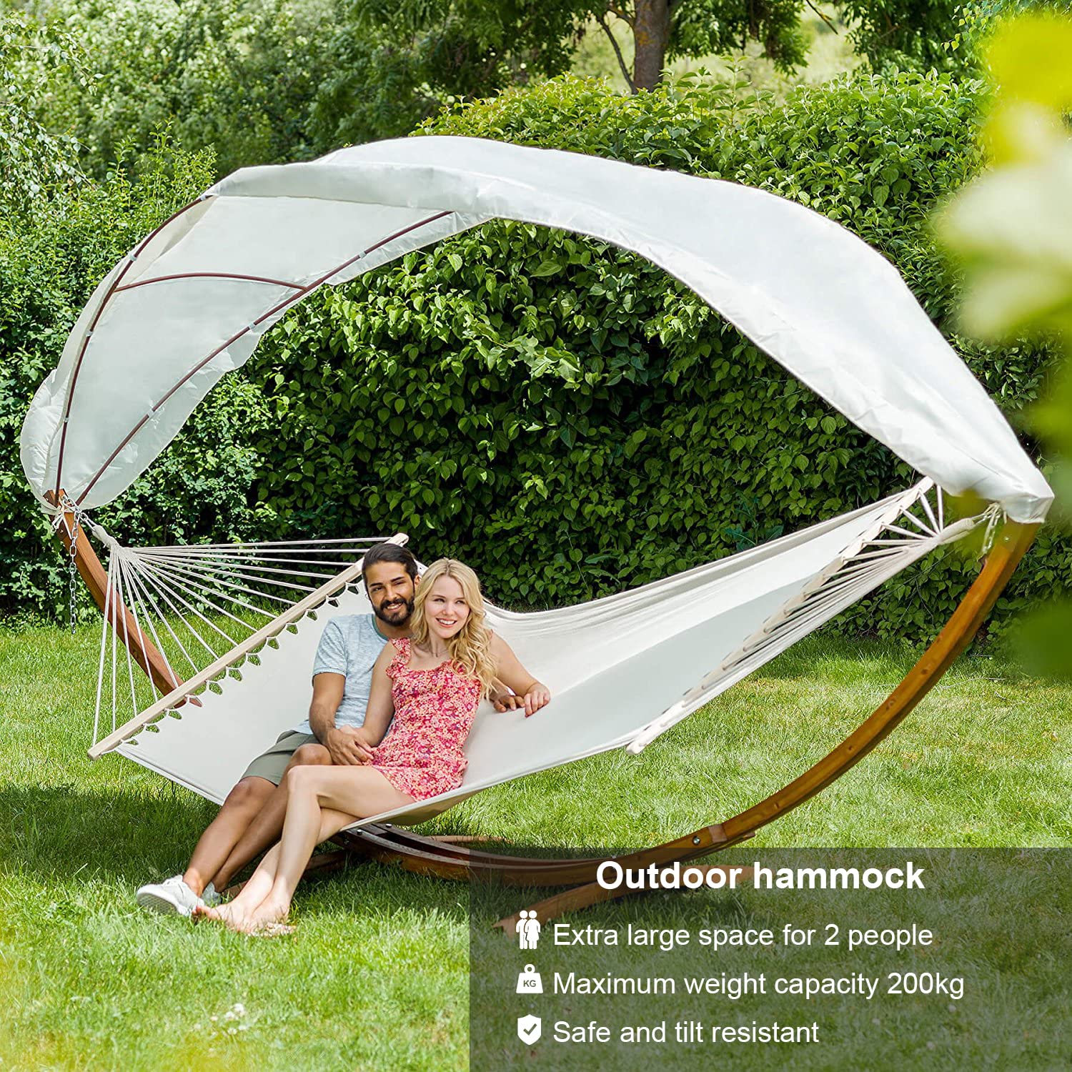 Hamac avec armature en bois - 200 x 150 cm - Hamac avec toit - Charge maximale : 200 kg - Pour le camping, le jardin, la plage, le balcon - Fauteuil suspendu pour 2 personnes