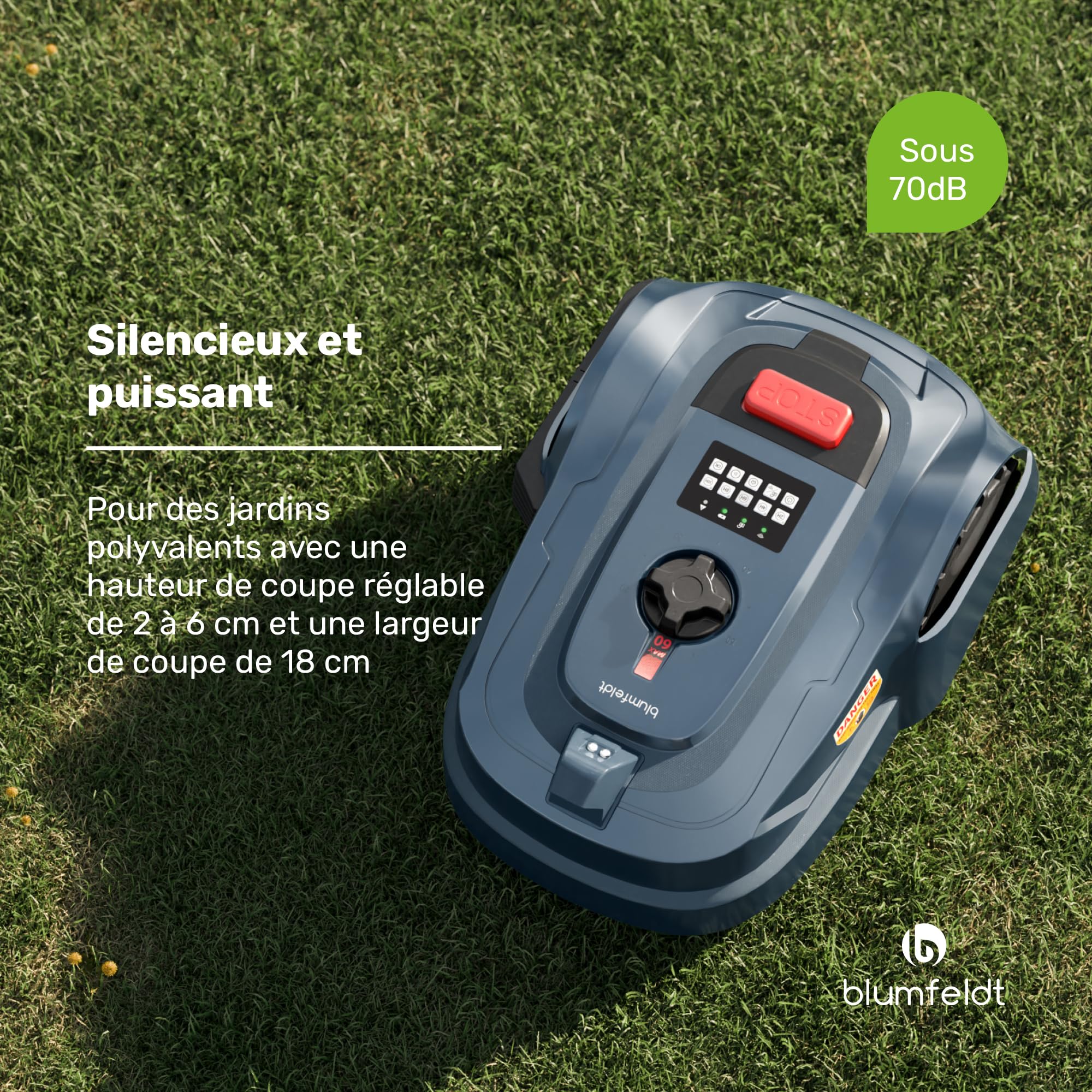 blumfeldt Robot Tondeuse 1000 m² - Contrôle par Appli, Batterie Li-ION, Charge Auto, Silencieuse, Capteurs Pluie & Collision, Hauteur Ajustable, Gris Foncé
