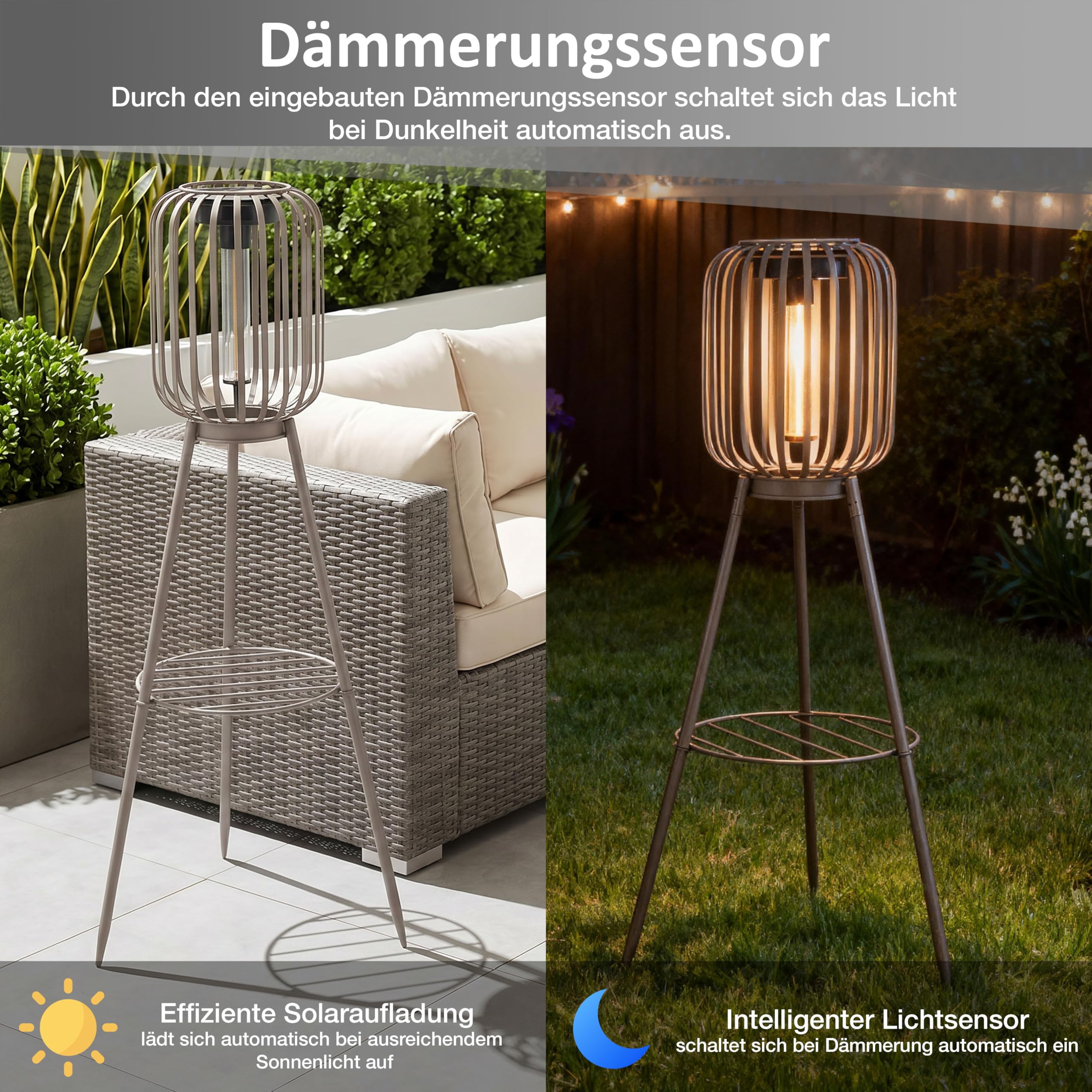 Northpoint ELBLIGHT LED Solar Stehleuchte 3in1 Gartenlampe Außenleuchte COB LED warmweiß Lichtsensor IP44 wetterfest Beige