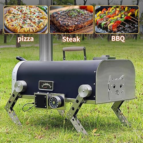 Miniatura 4 de Horno de pizza de acero inoxidable para exteriores, estufa de pizza a leña con piedra giratoria automática de 12 pulgadas, parrilla portátil para