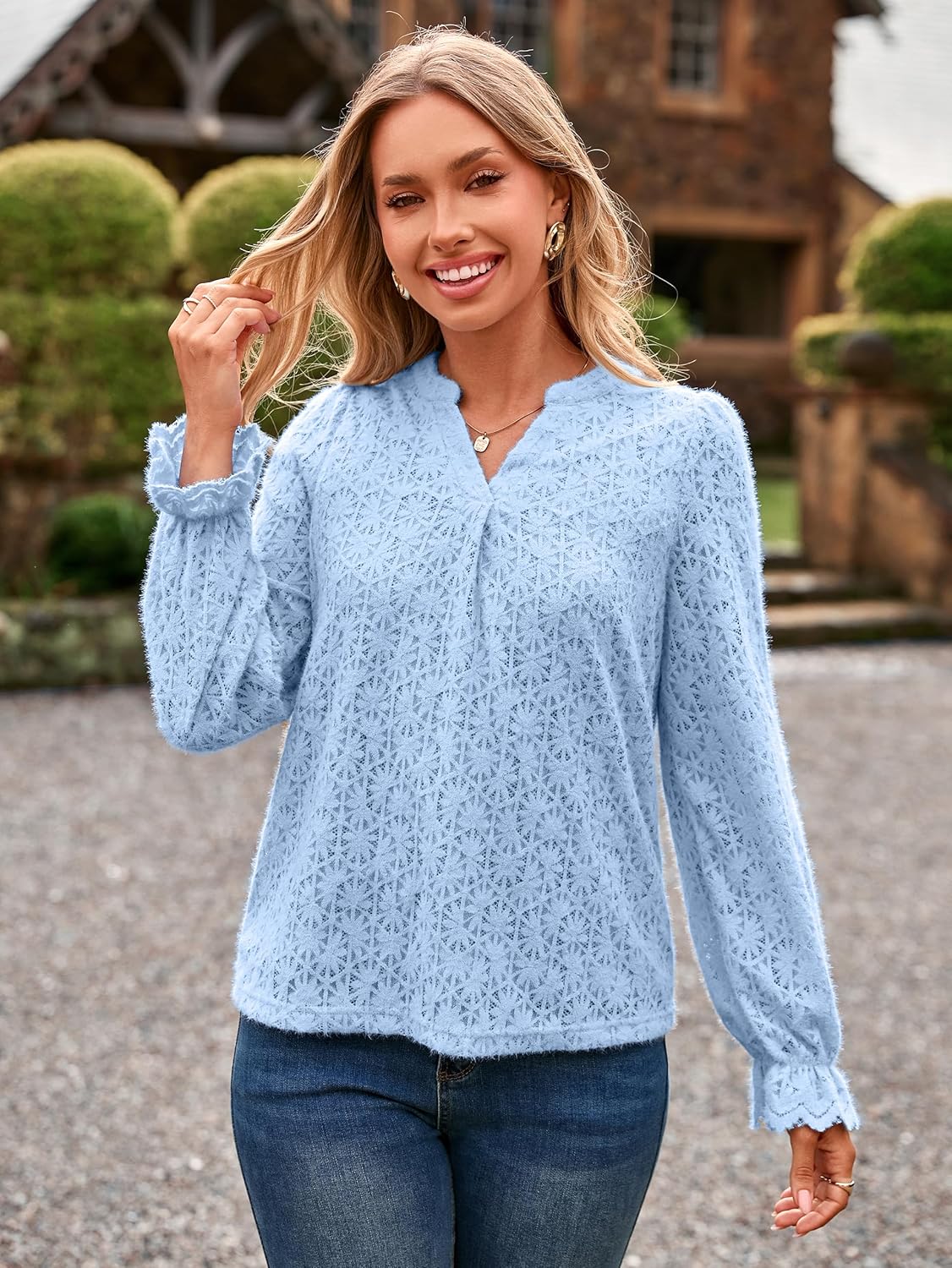 Simplee Womens Eyelet Dressy Blouses Tops Lace Casual Long Sleeve Hollow Out V Neck Fall Spring Boho Shirts - Image 4