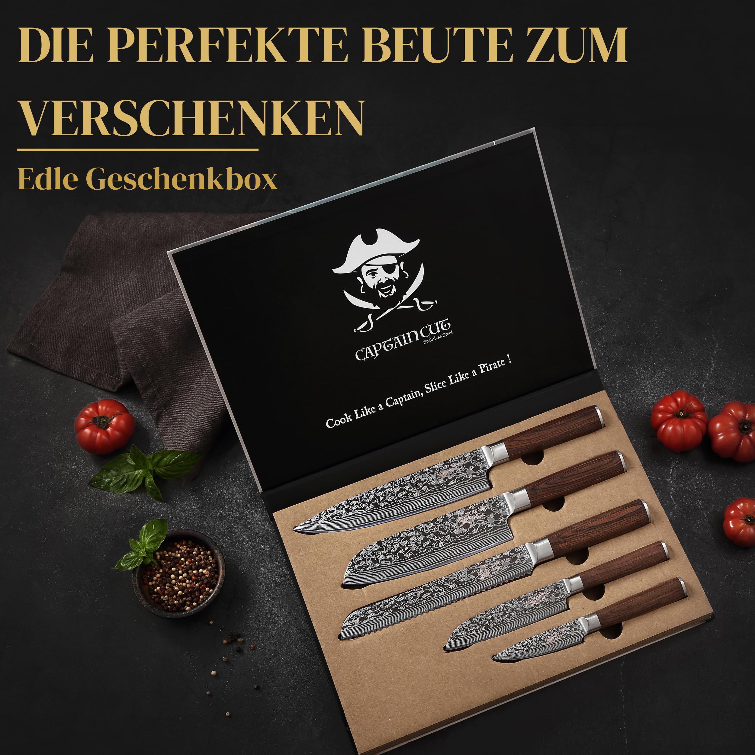 Messerset mit Block – 5-teiliges Küchenmesser Set mit magnetischem Messerblock aus Akazienholz | scharfe Edelstahl-Messer in Damast-Optik, Pakkaholzgriff | Kochmesser, Santoku & Brotmesser