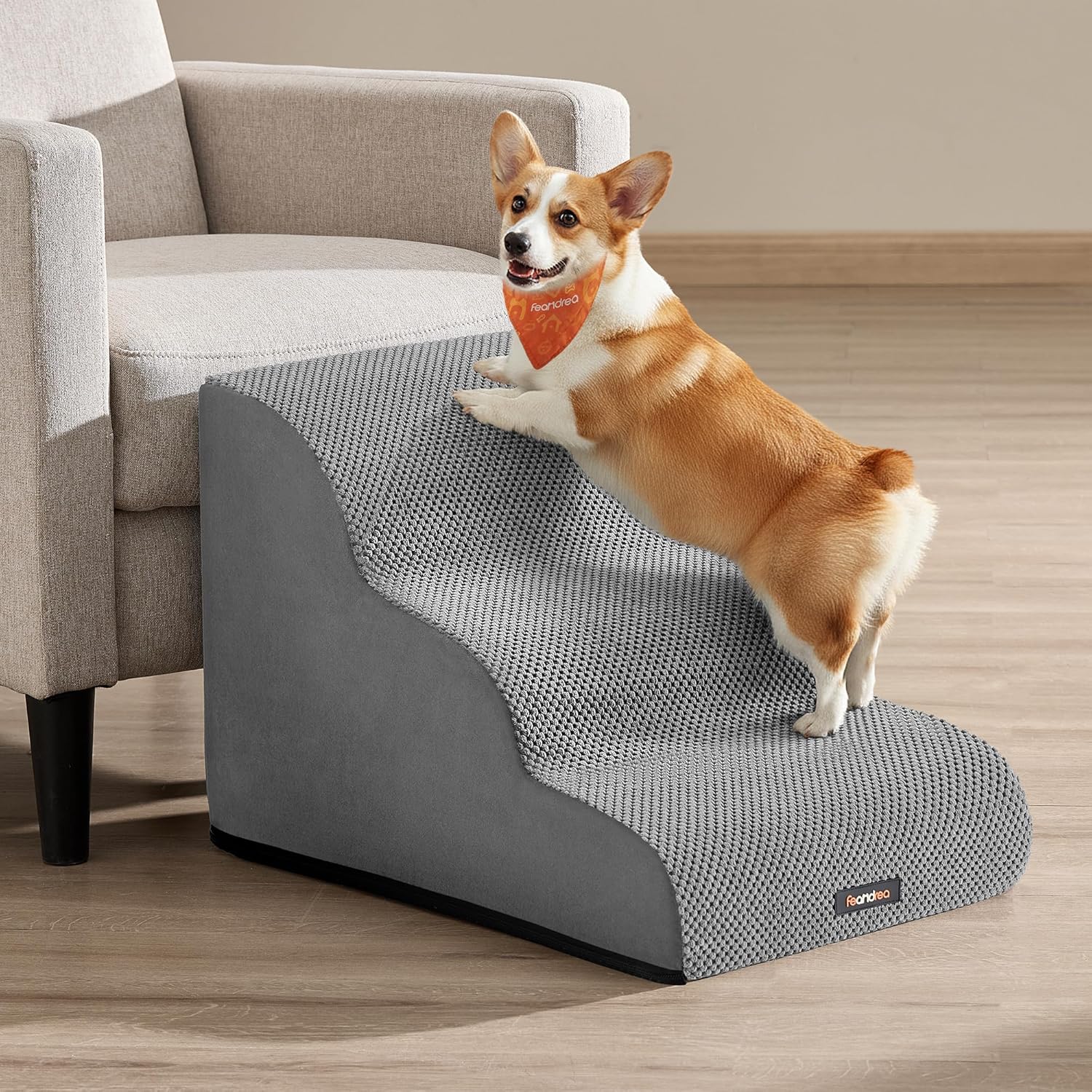 Feandrea Scala a 3 Gradini per Cani, Velluto Goffrato, Pendenza per Letto, Divano, Scaletta per Animali Impermeabile e Antiscivolo, Copertura Sfoderabile e Lavabile, Grigio Tortora PPS013GD01