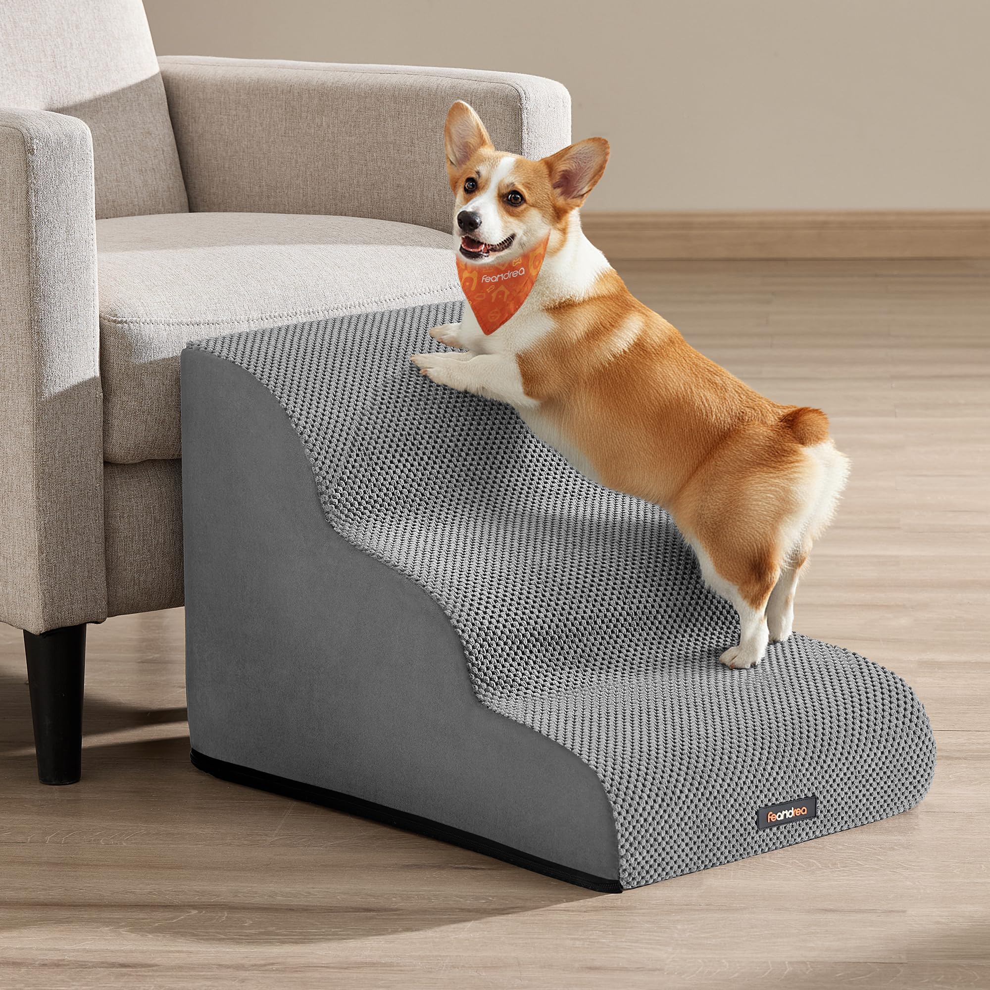 Feandrea Scala a 3 Gradini per Cani, Velluto Goffrato, Pendenza per Letto, Divano, Scaletta per Animali Impermeabile e Antiscivolo, Copertura Sfoderabile e Lavabile, Grigio Tortora PPS013GD01
